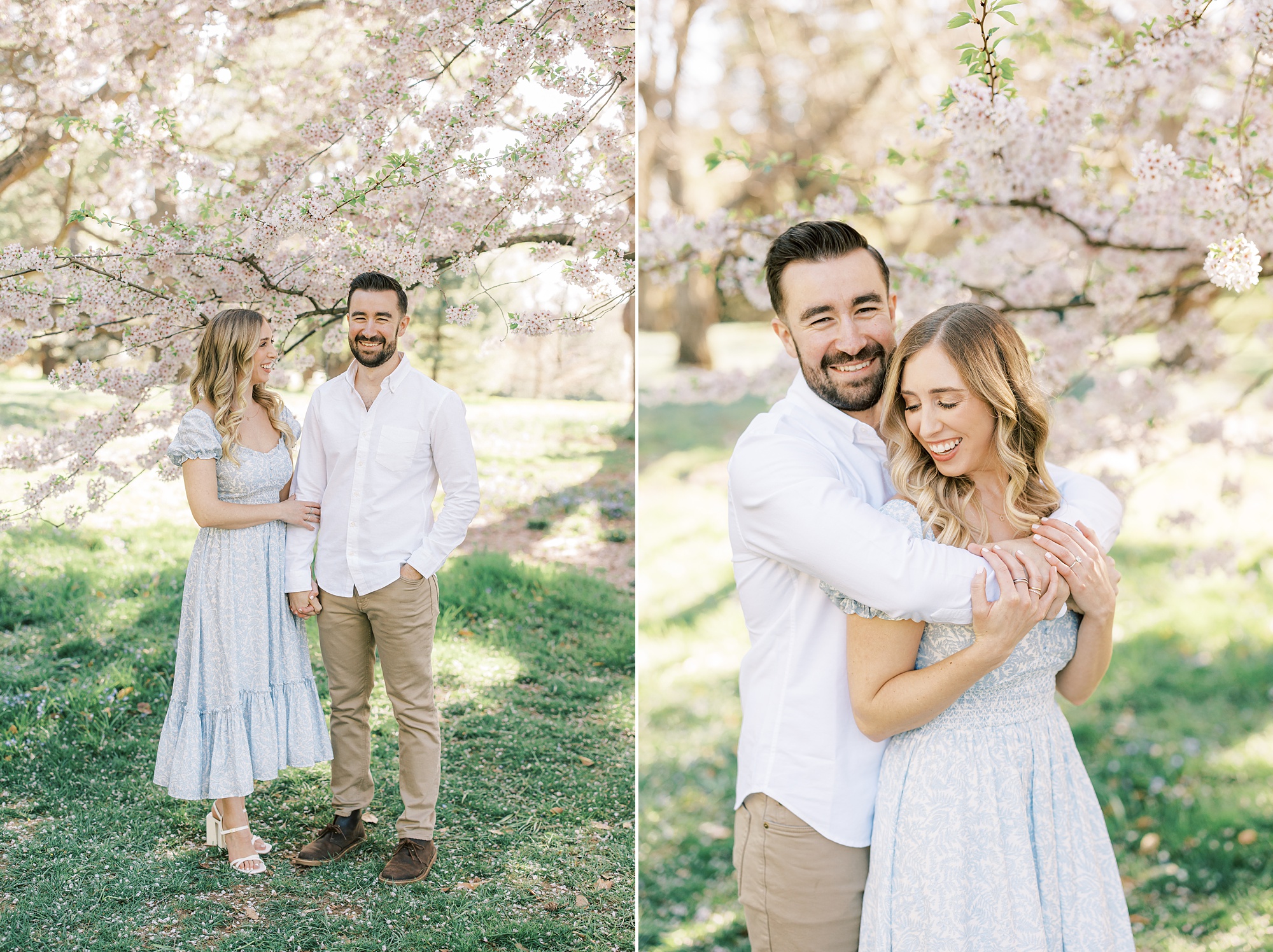 man and woman hug in front of cherry blossom tree 