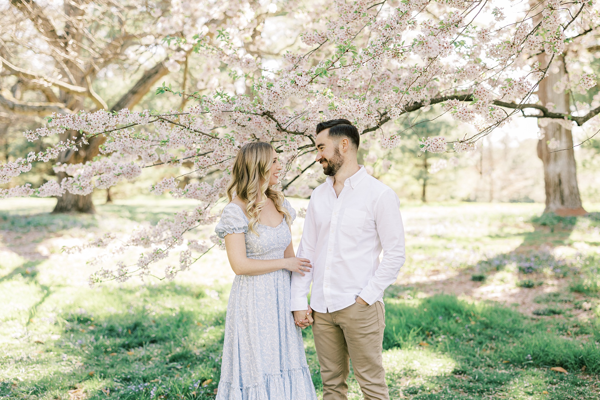 woman looks up at man holding his arm in front of cherry blossom tree