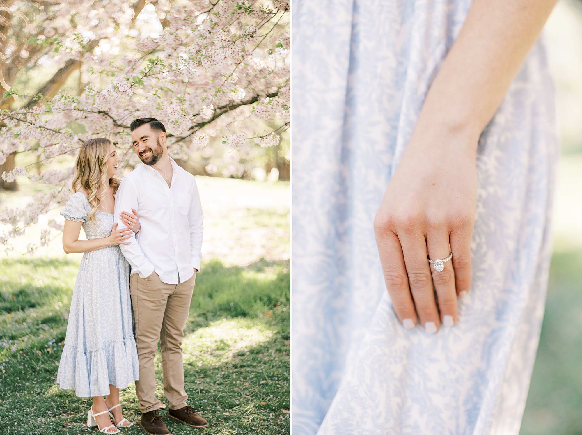 bride holds skirt of blue and white dress showing off engagement ring