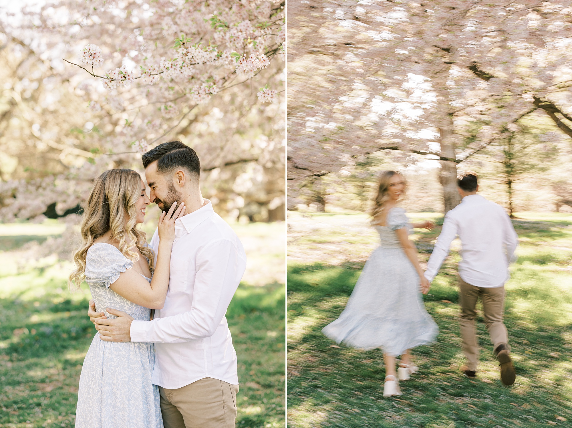 bride and groom lean for hug under cherry blossom trees 