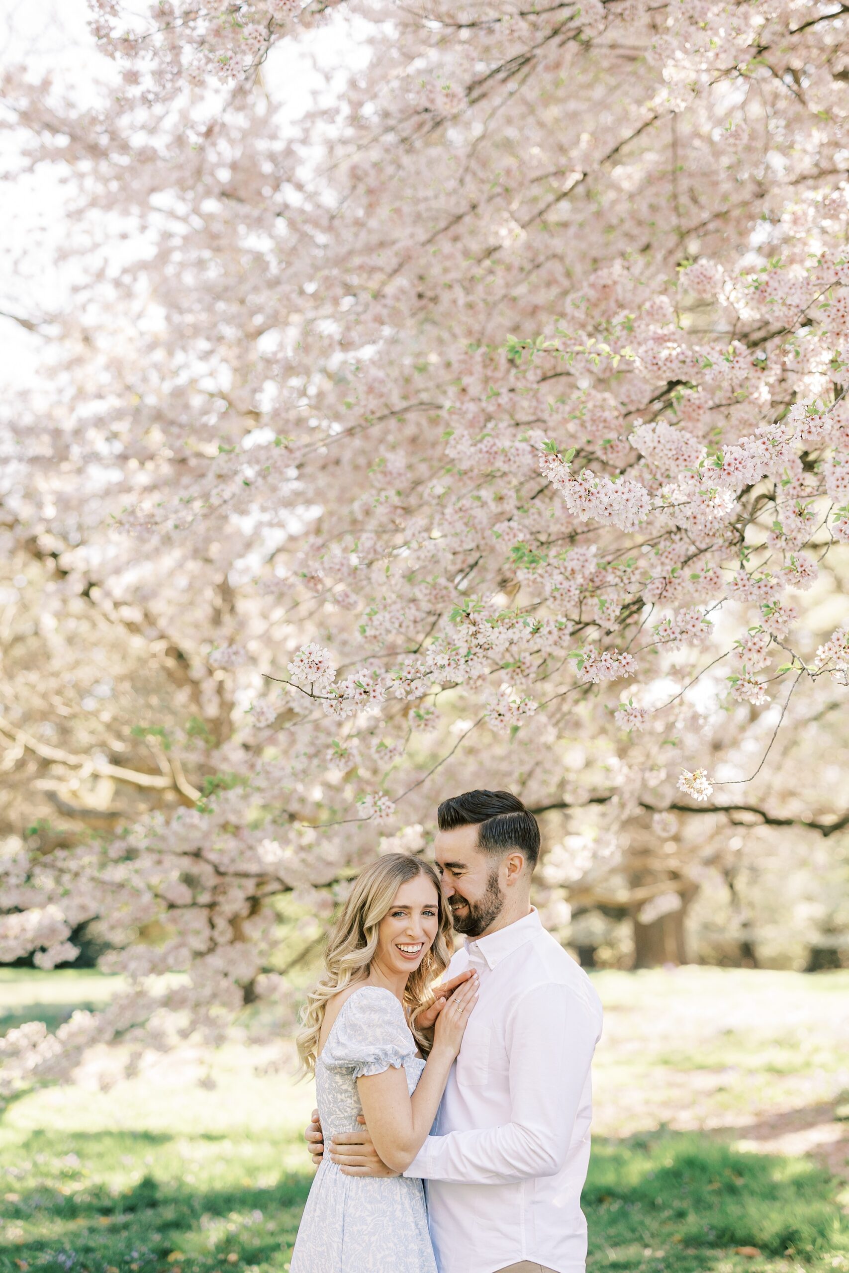 bride and groom hug under trees during spring Longwood Gardens engagement session