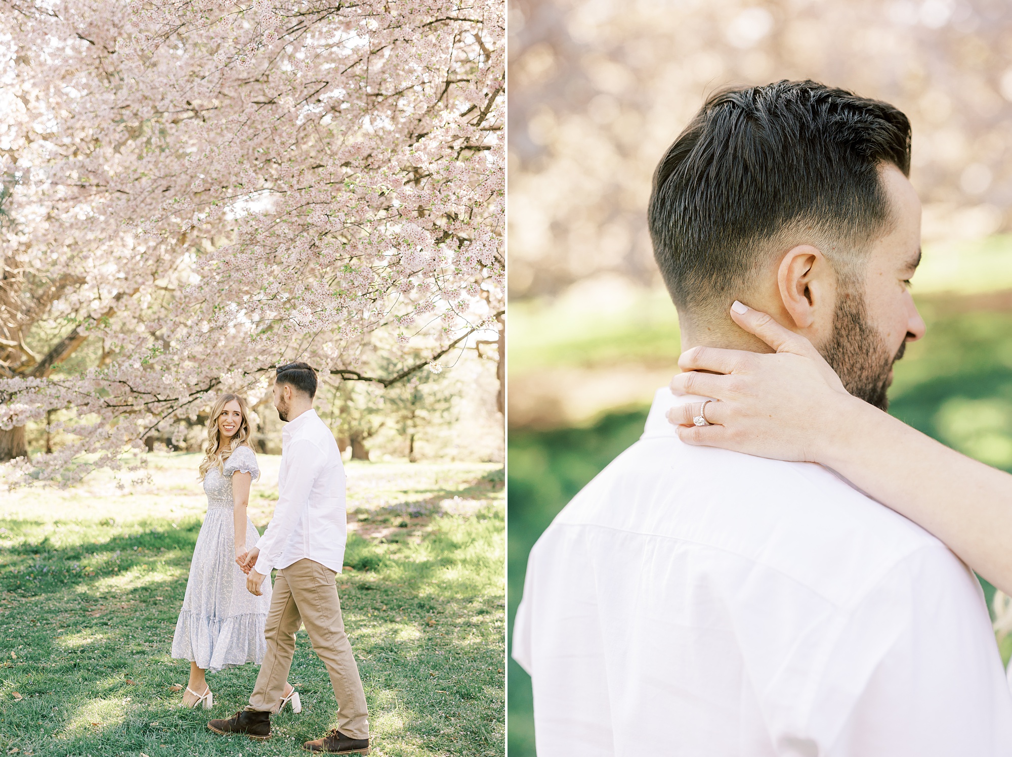 newlyweds hold hands walking through threes during spring Longwood Gardens engagement session