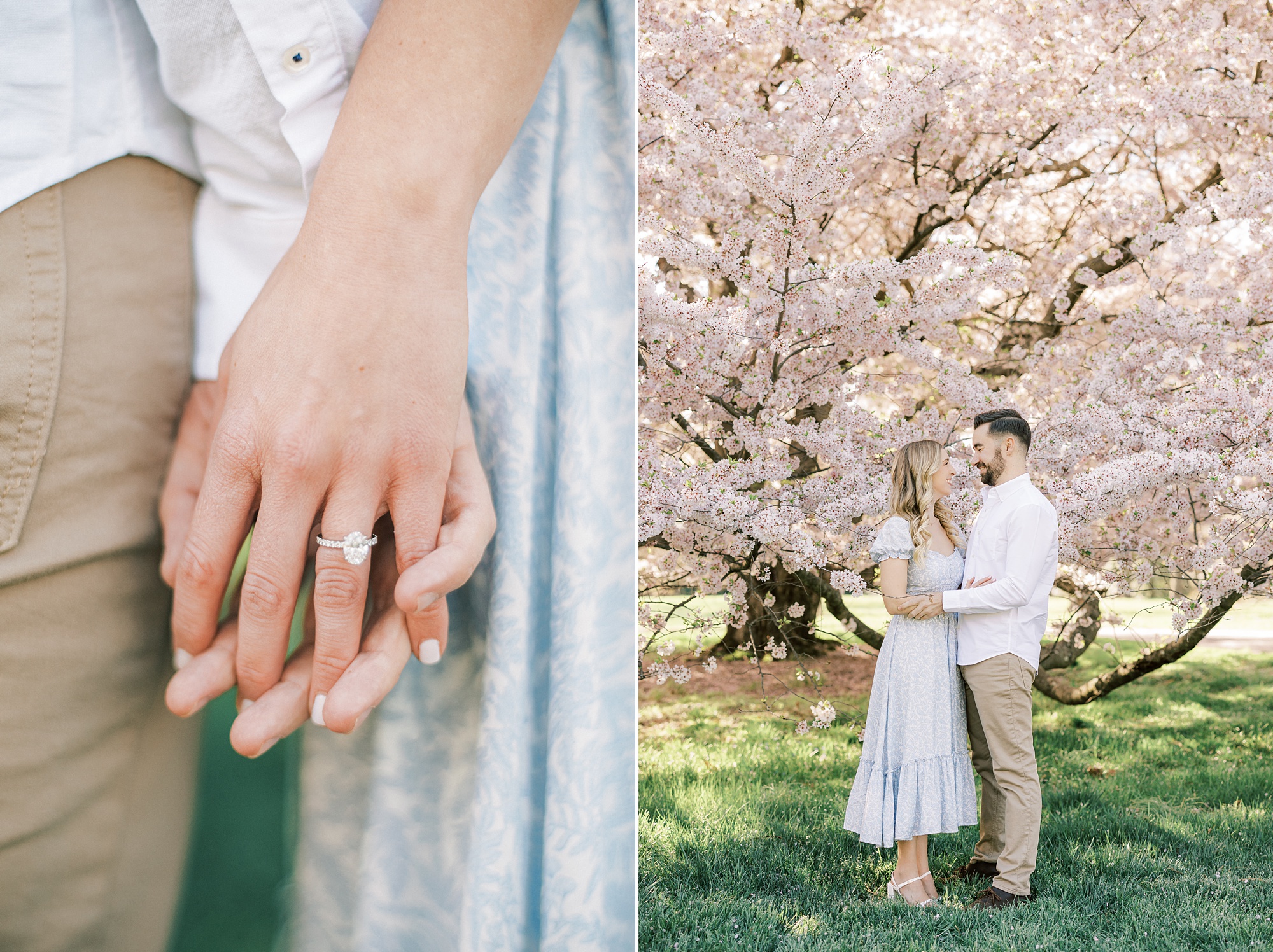 bride and groom hold hands during cherry blossom engagement session