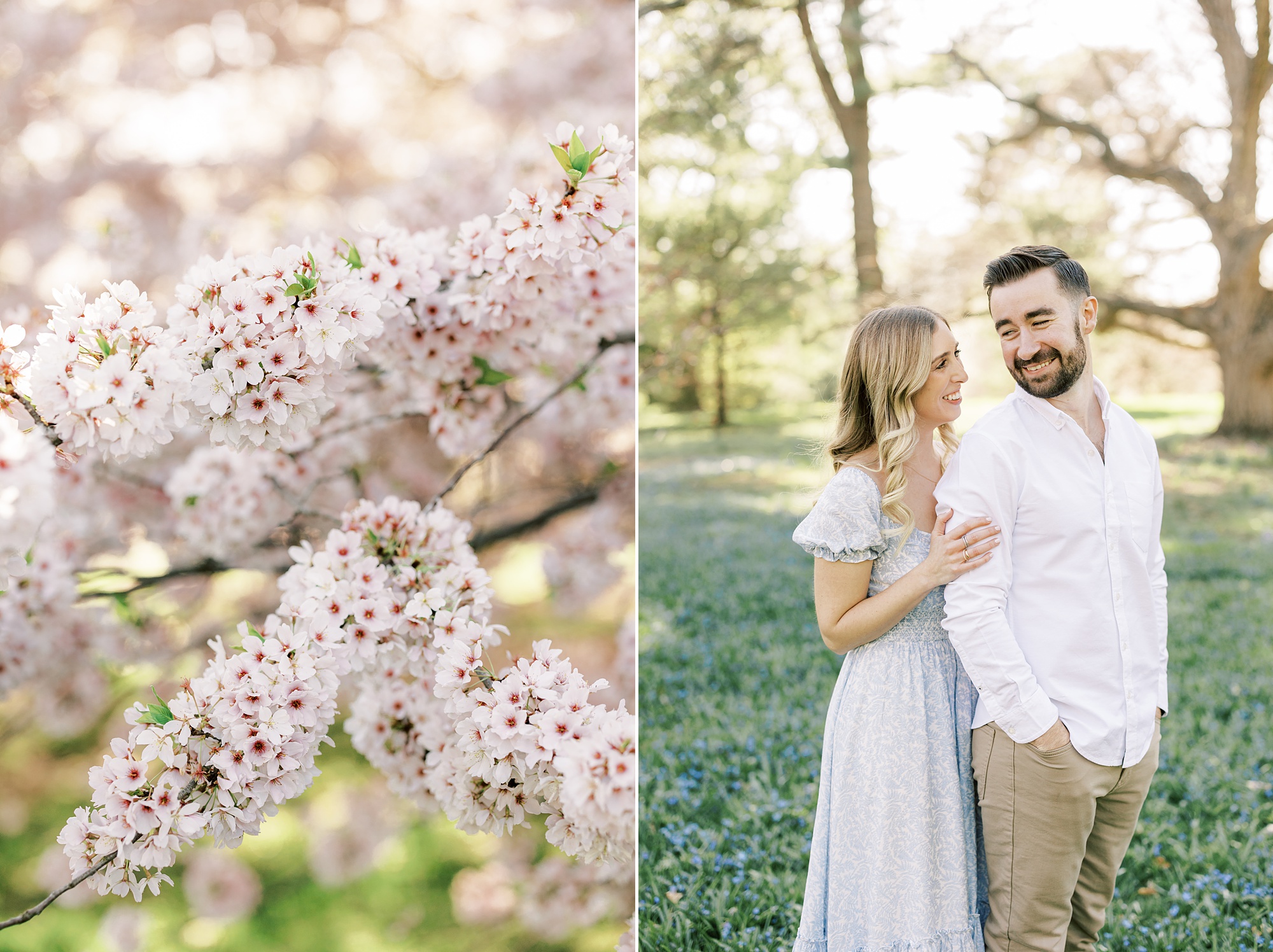 man looks over shoulder to blonde woman holding his arm during Longwood Gardens engagement session during cherry blossom season