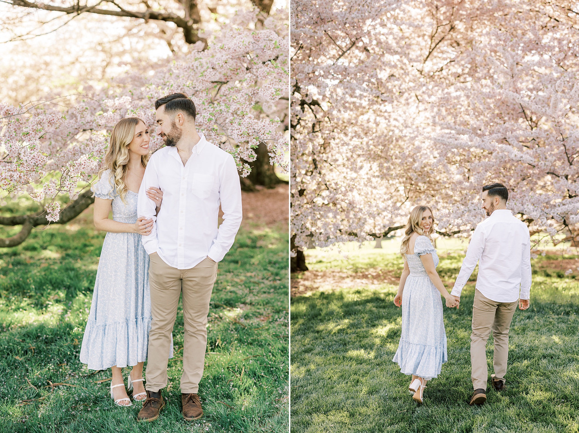 woman holds man's arm walking through field of cherry blossom trees