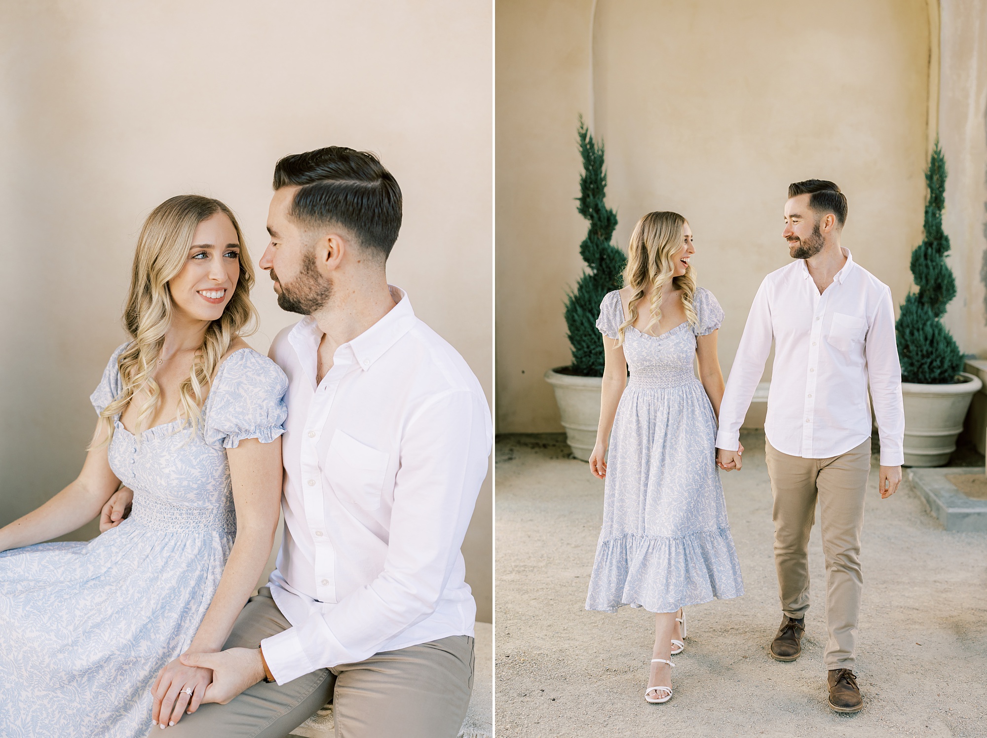 man and woman hold hands walking through Longwood Gardens during spring engagement session 