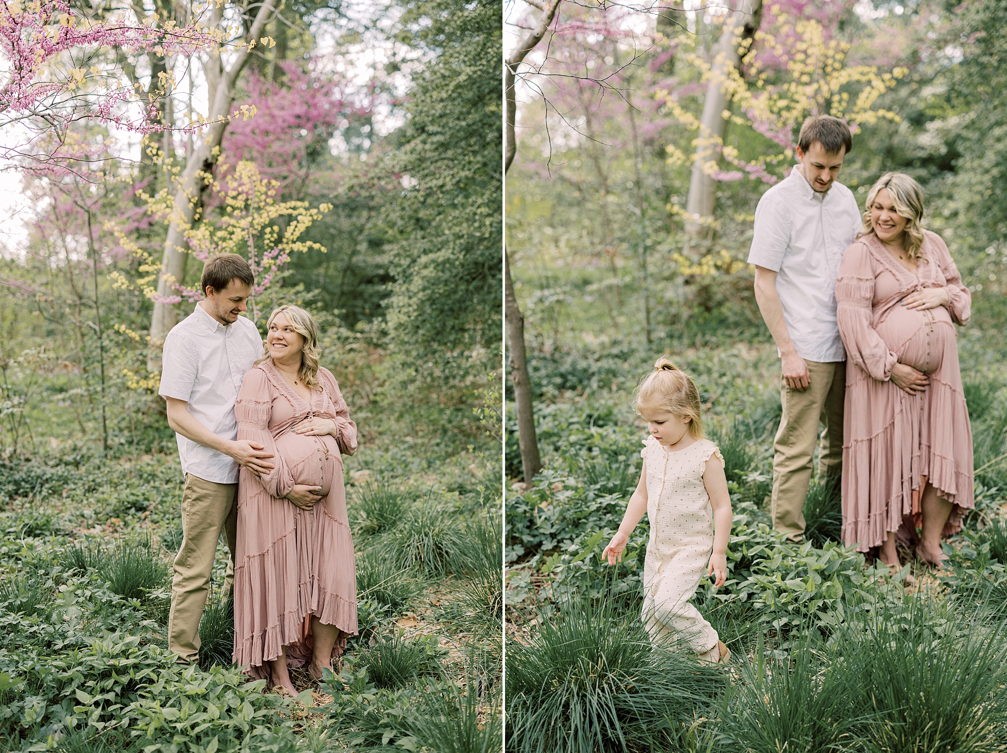man hugs wife from behind holding her baby bump in gardens during maternity photos in Philadelphia