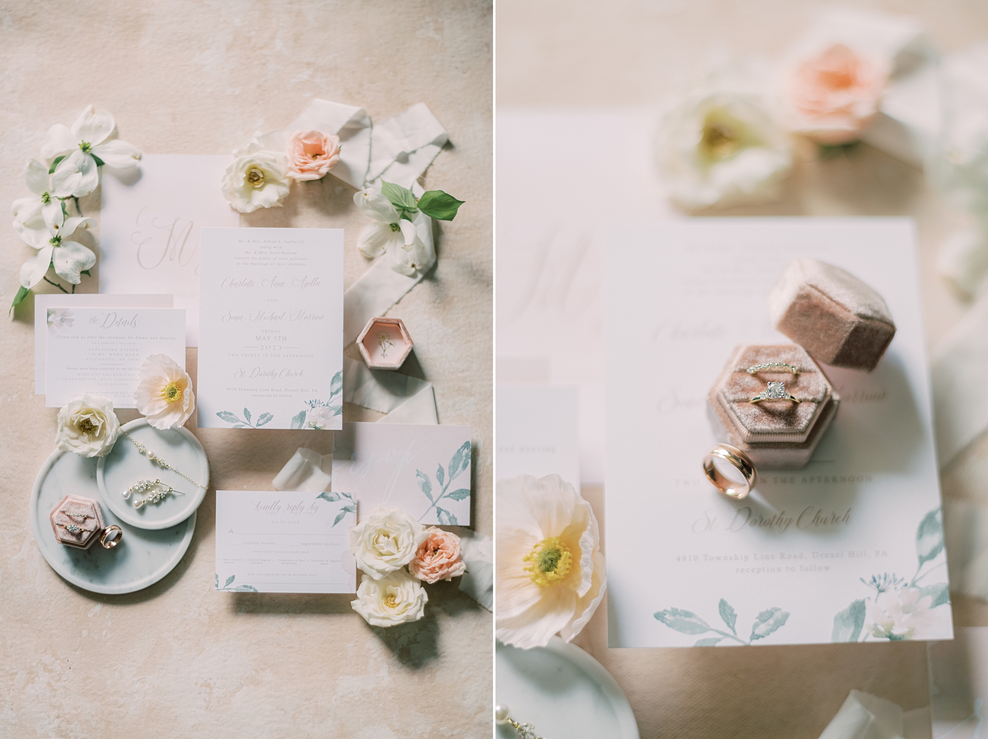 elegant pastel stationery with pink ring box for Villanova PA wedding day