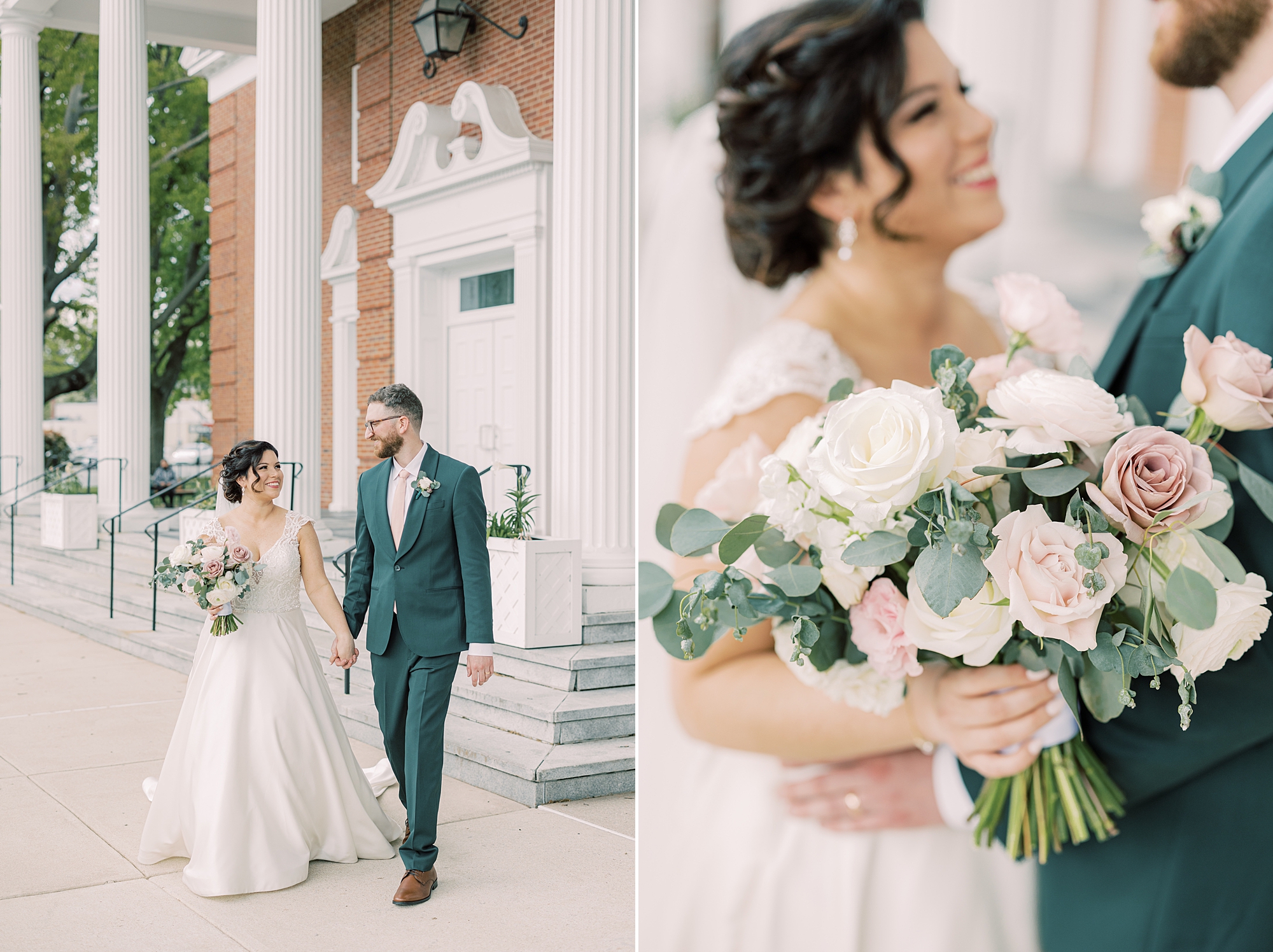 bride smiles up at groom holding pastel bouquet outside St. Dorothy's in Drexel Hall