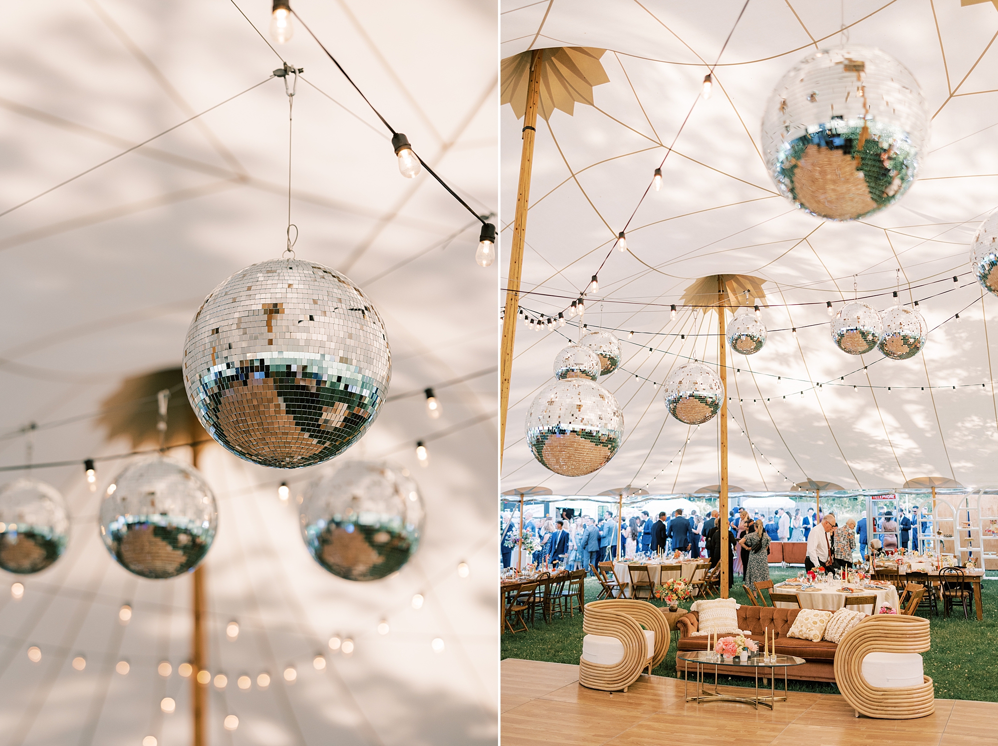 disco balls hang from tent for reception at Bowman's Hill Wildflower Preserve