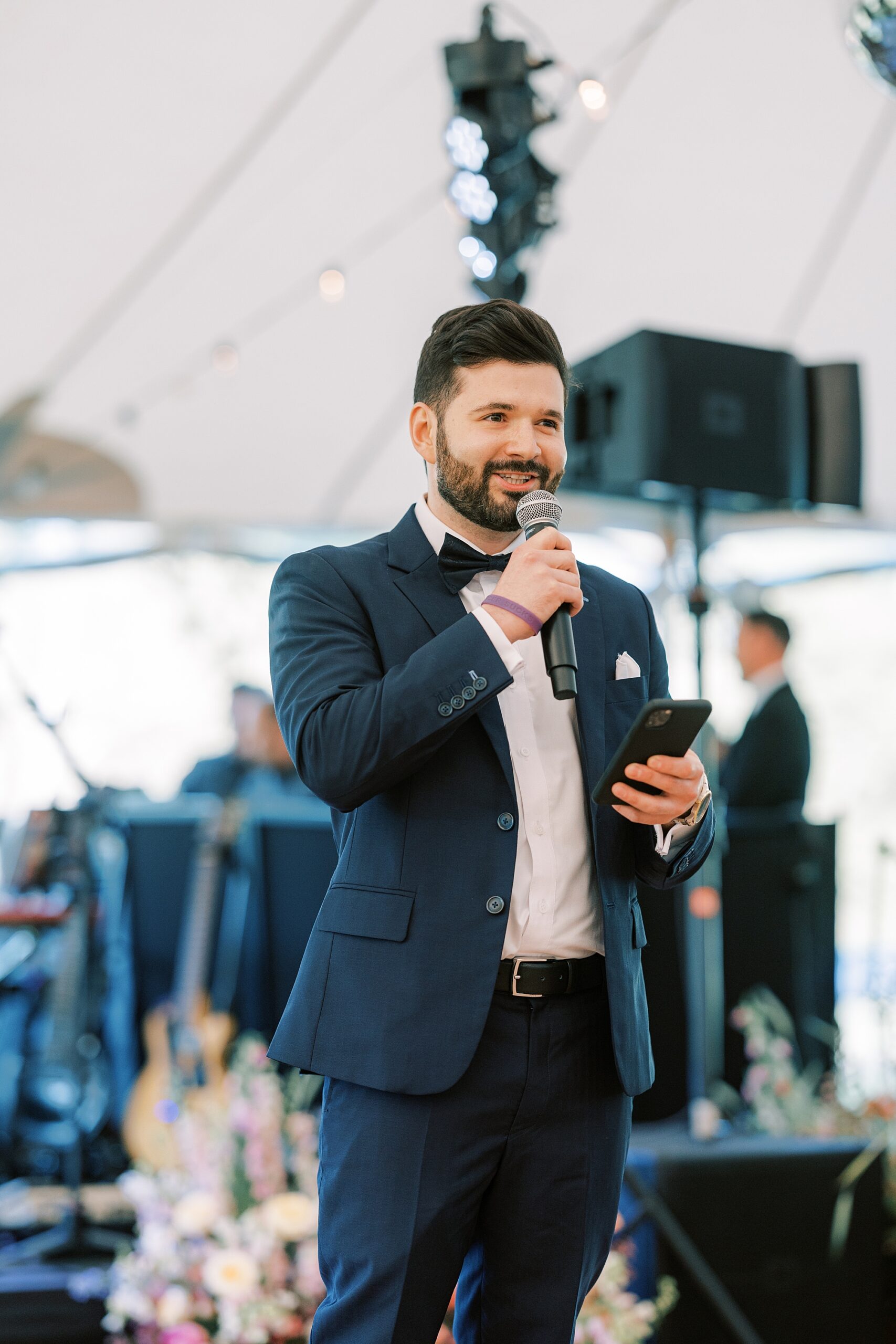 groomsman gives speech during reception at Bowman's Hill Wildflower Preserve