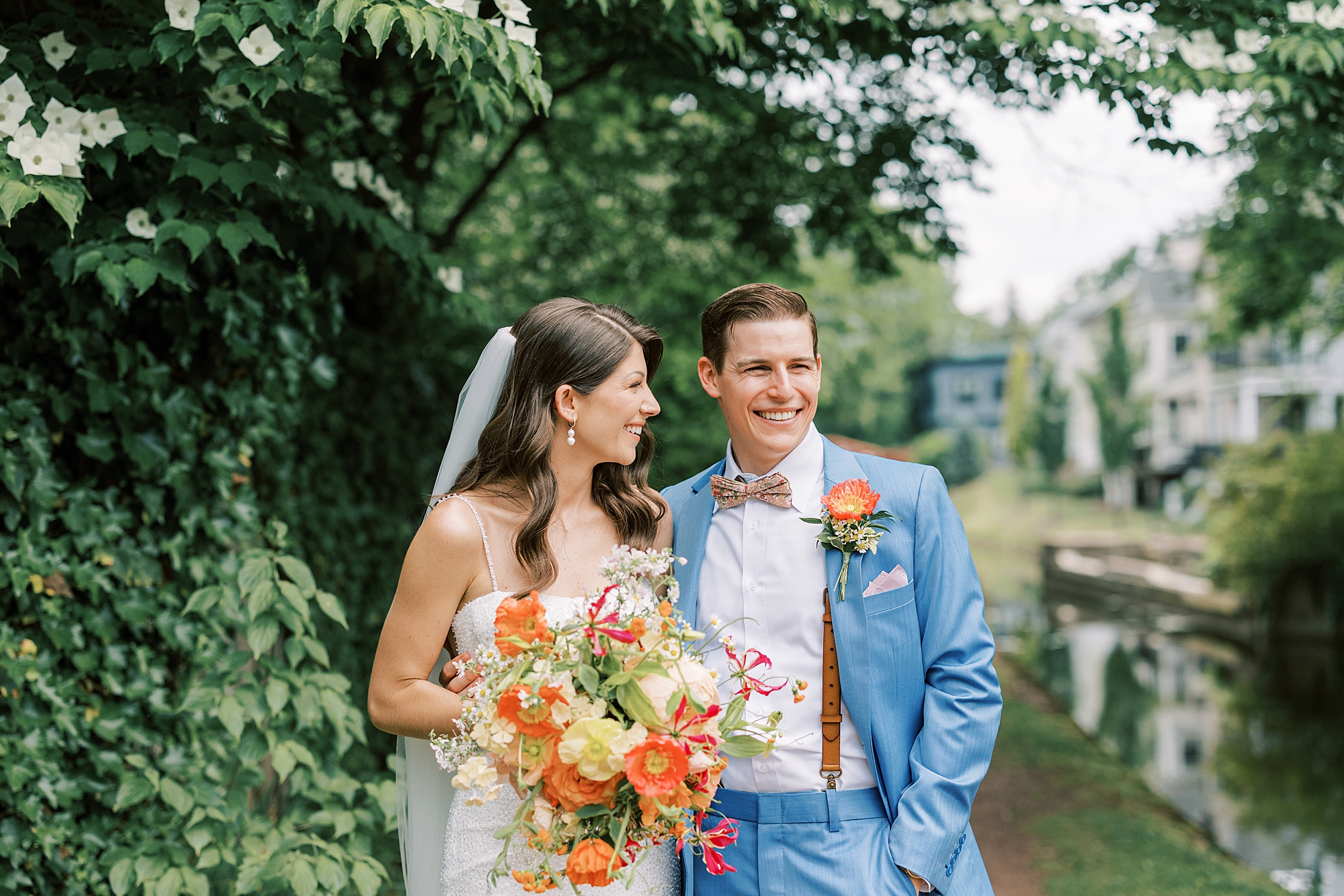 bride and groom smile in New Hope PA