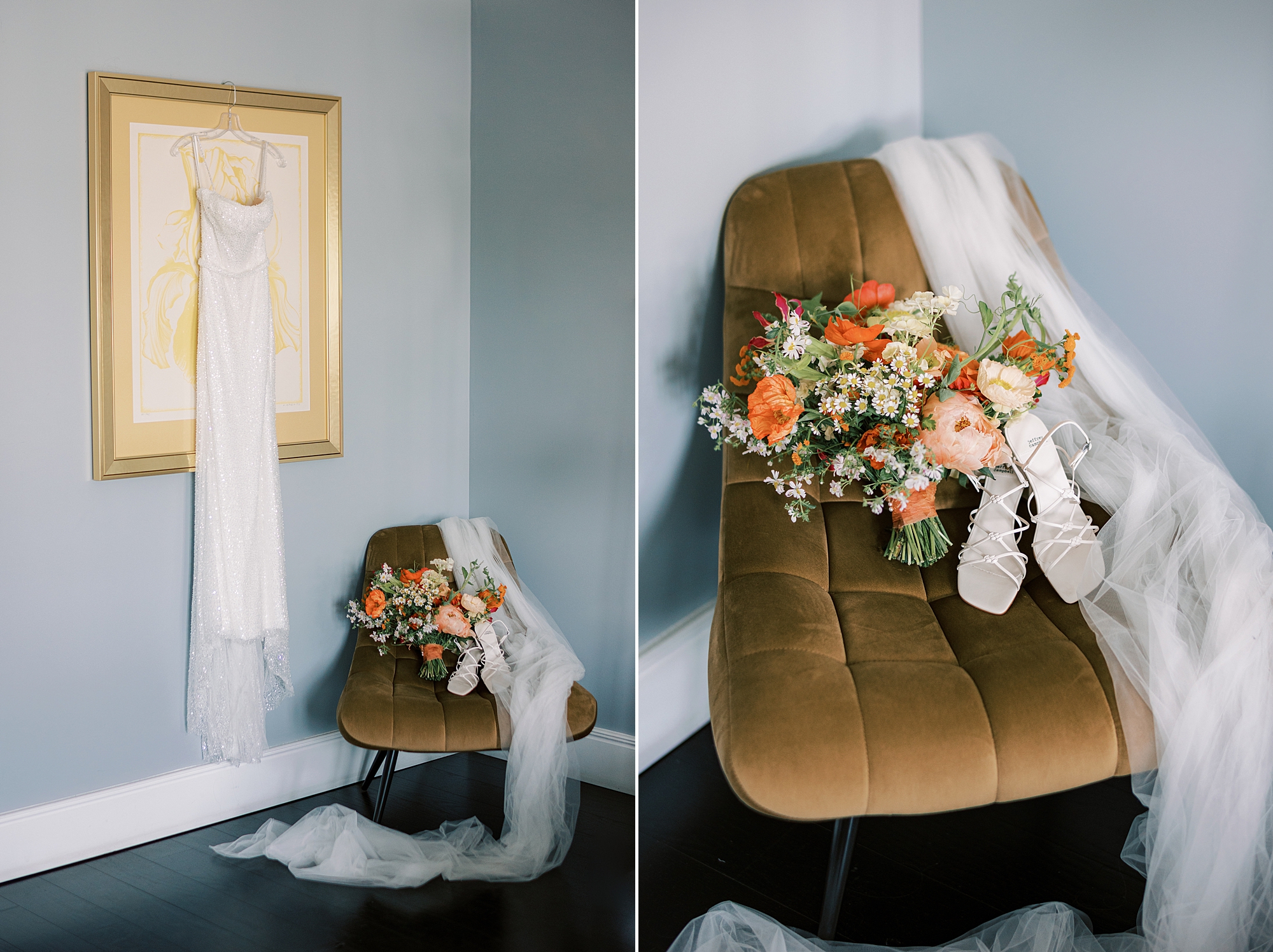 wedding dress hangs on painting at the Logan Inn with veil and bouquet on chair