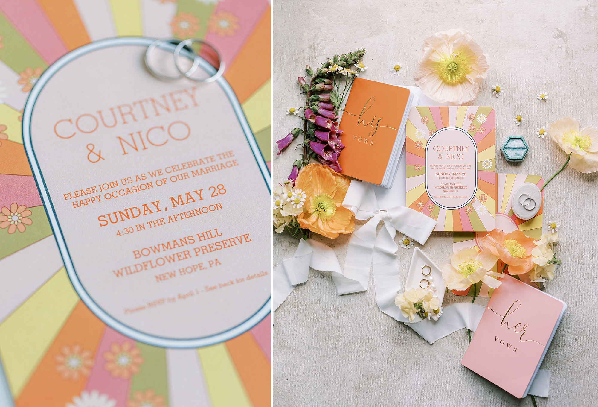 bright colorful 70's inspired stationery for wedding in Pennsylvania 