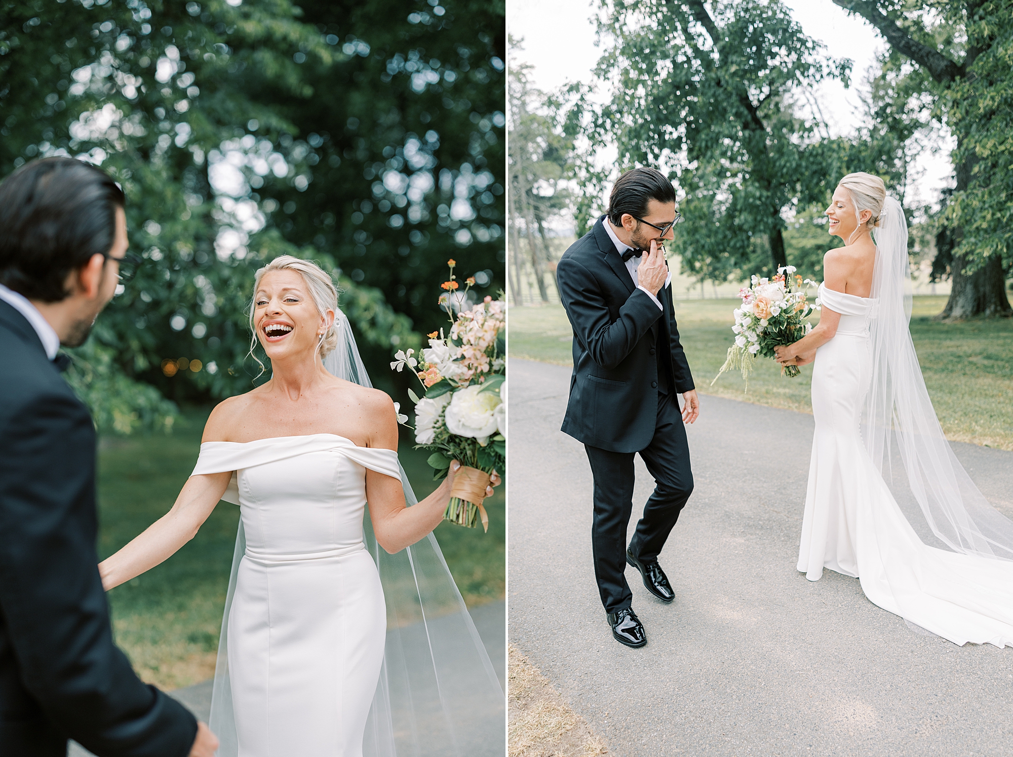 bride laughs while groom gasps during first look at Lauxmont Farms