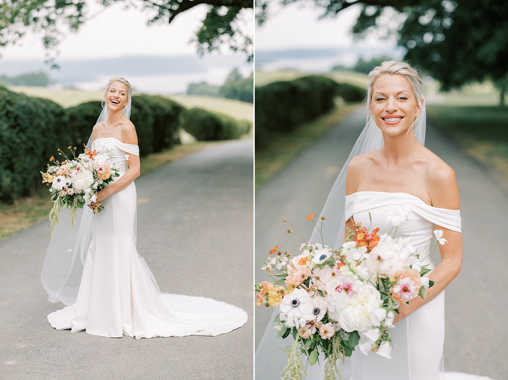 bride laughs and smiles holding bouquet of pink, orange, and white flowers with veil floating behind her