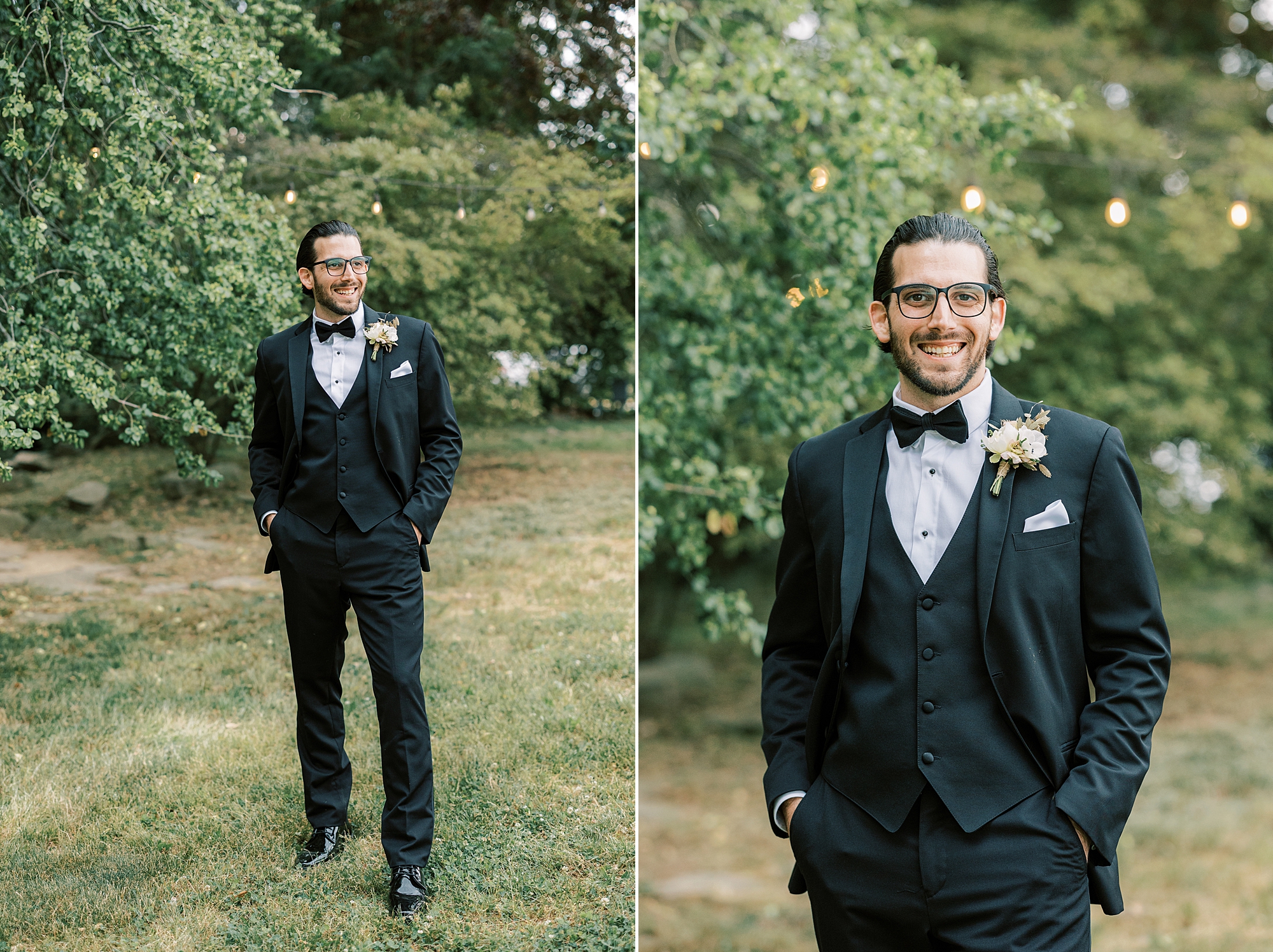 groom stands in black suit under lights in gardens at Lauxmont Farms