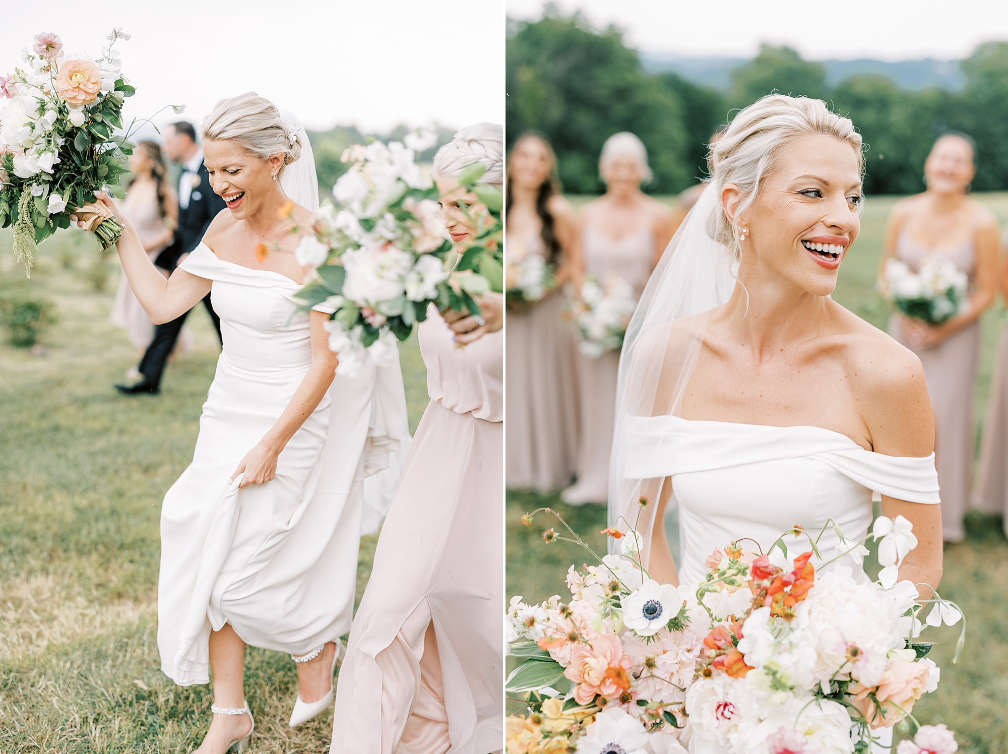 bride smiles in front of bridesmaids walking on lawn at Lauxmont Farms