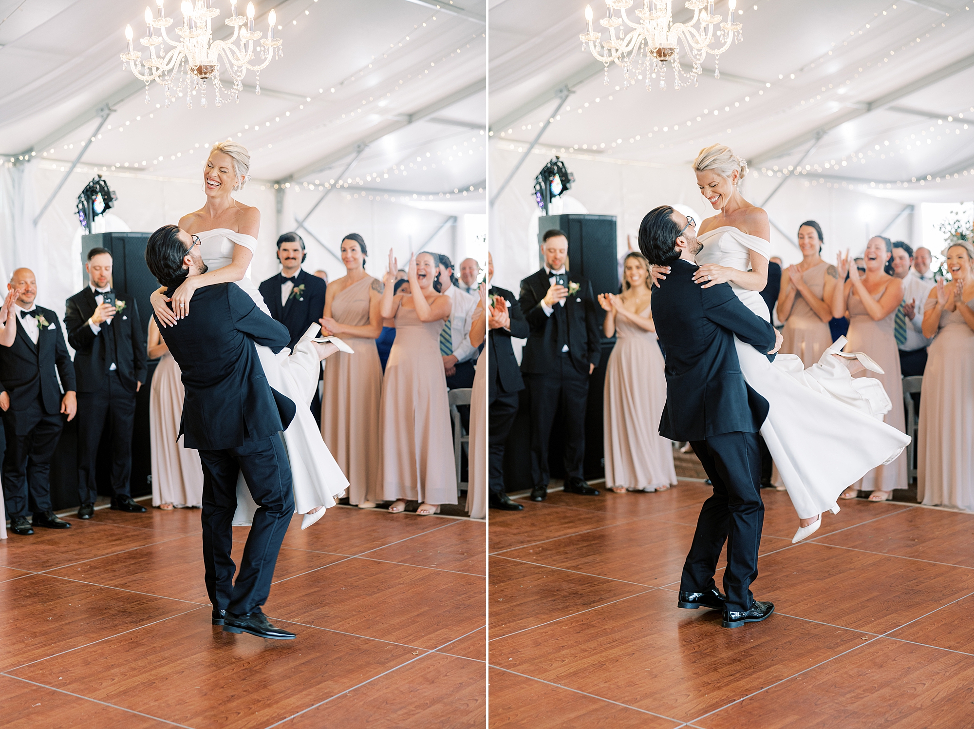 groom lifts up bride on dance floor during Wrightsville PA summer wedding reception