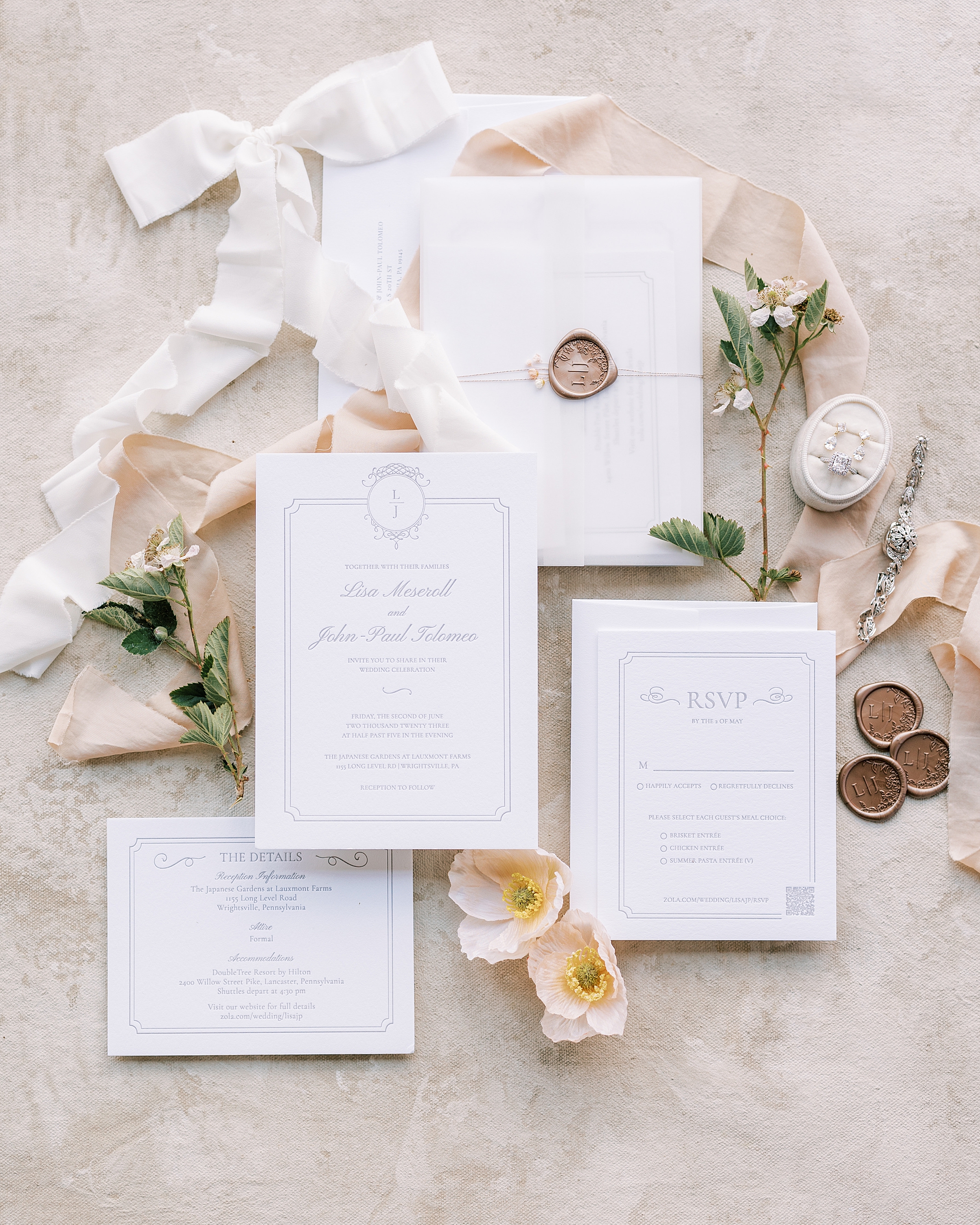 summer wedding invitation suite with pink and white details 