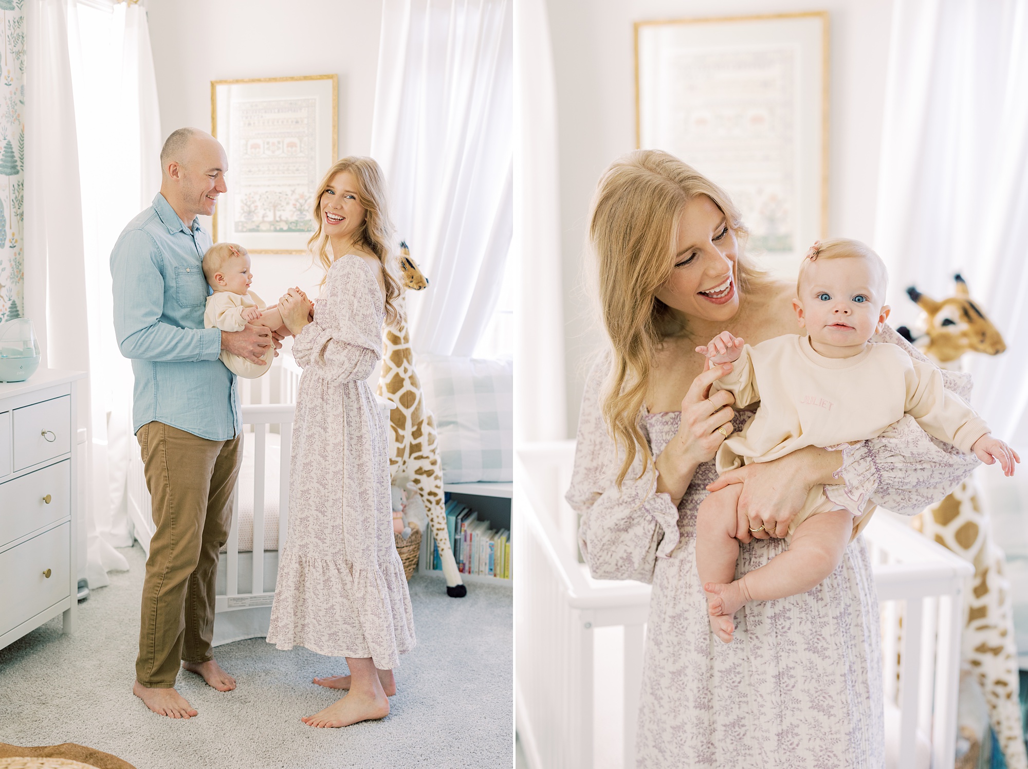mom and dad laugh with toddler in nursery during lifestyle milestone portraits