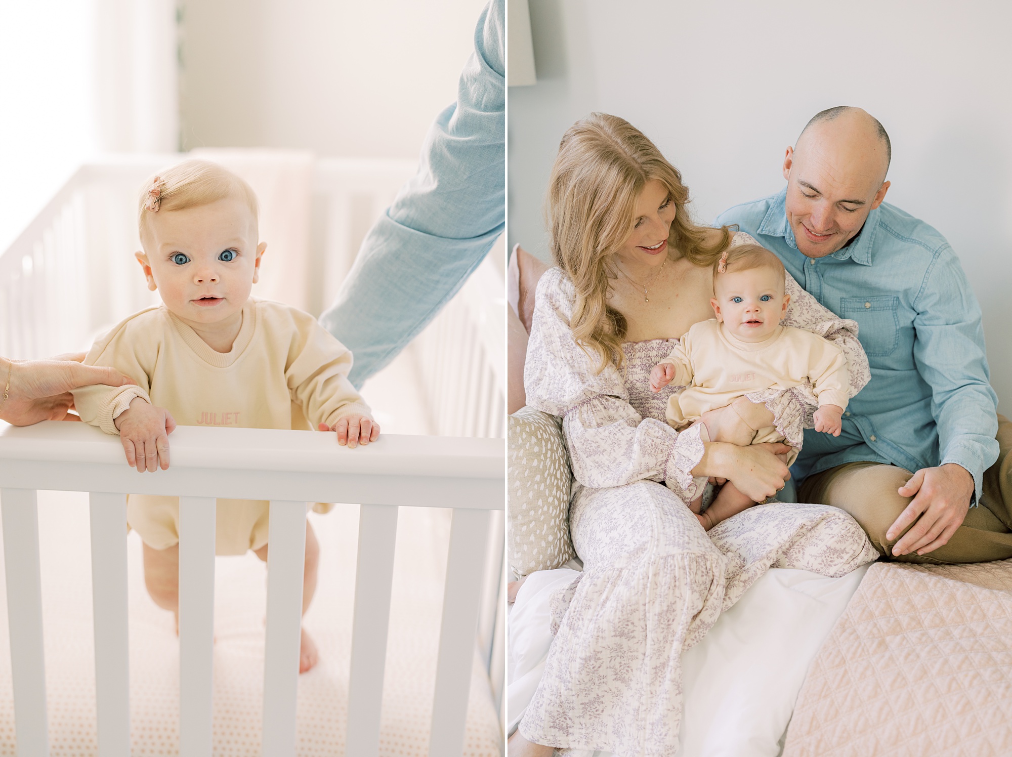 parents hold daughter on lap during portraits in bed in Glen Mills PA