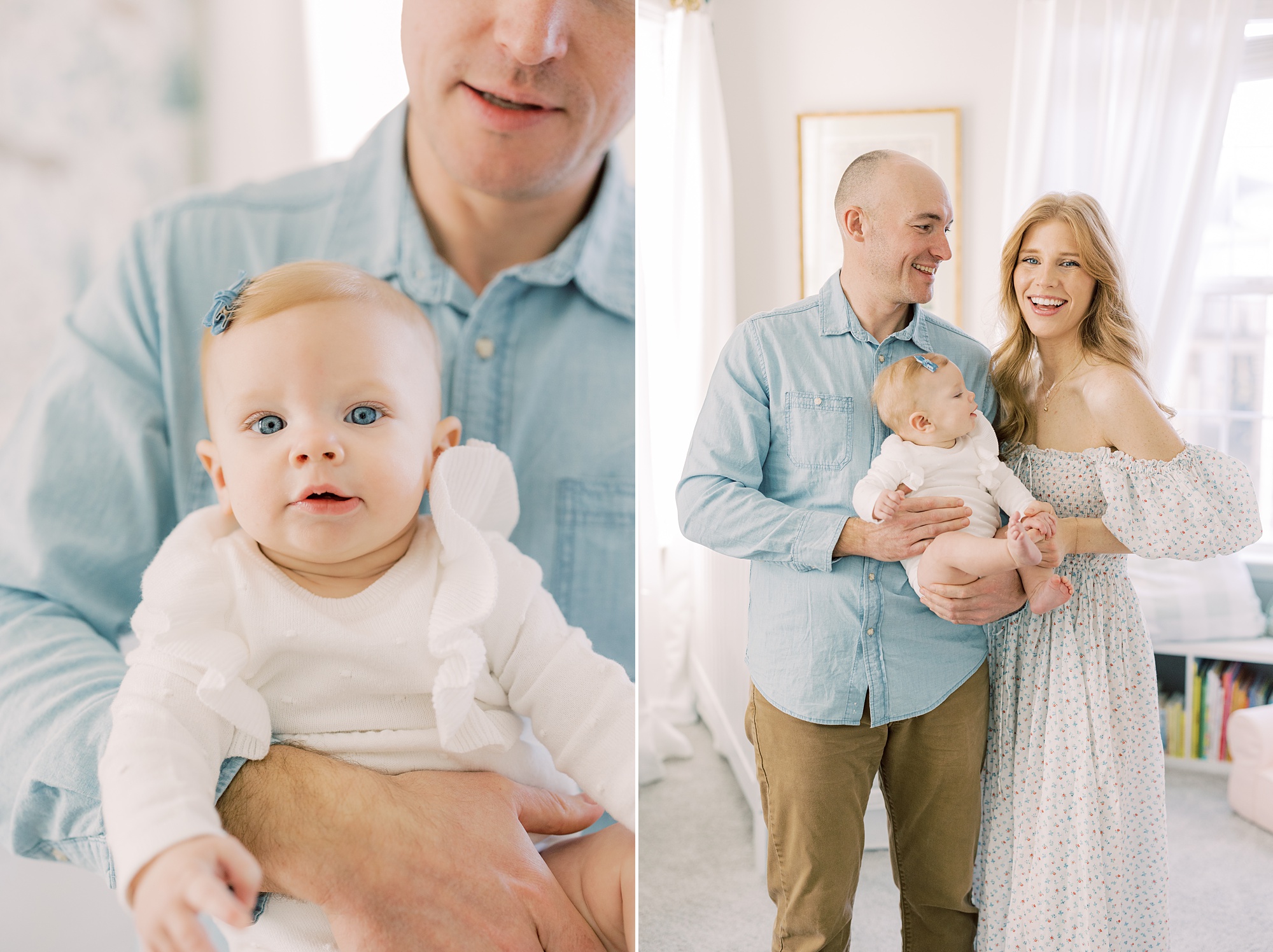 man in blue shirt holds toddler in cream sweater during lifestyle milestone portraits in Glen Mills PA