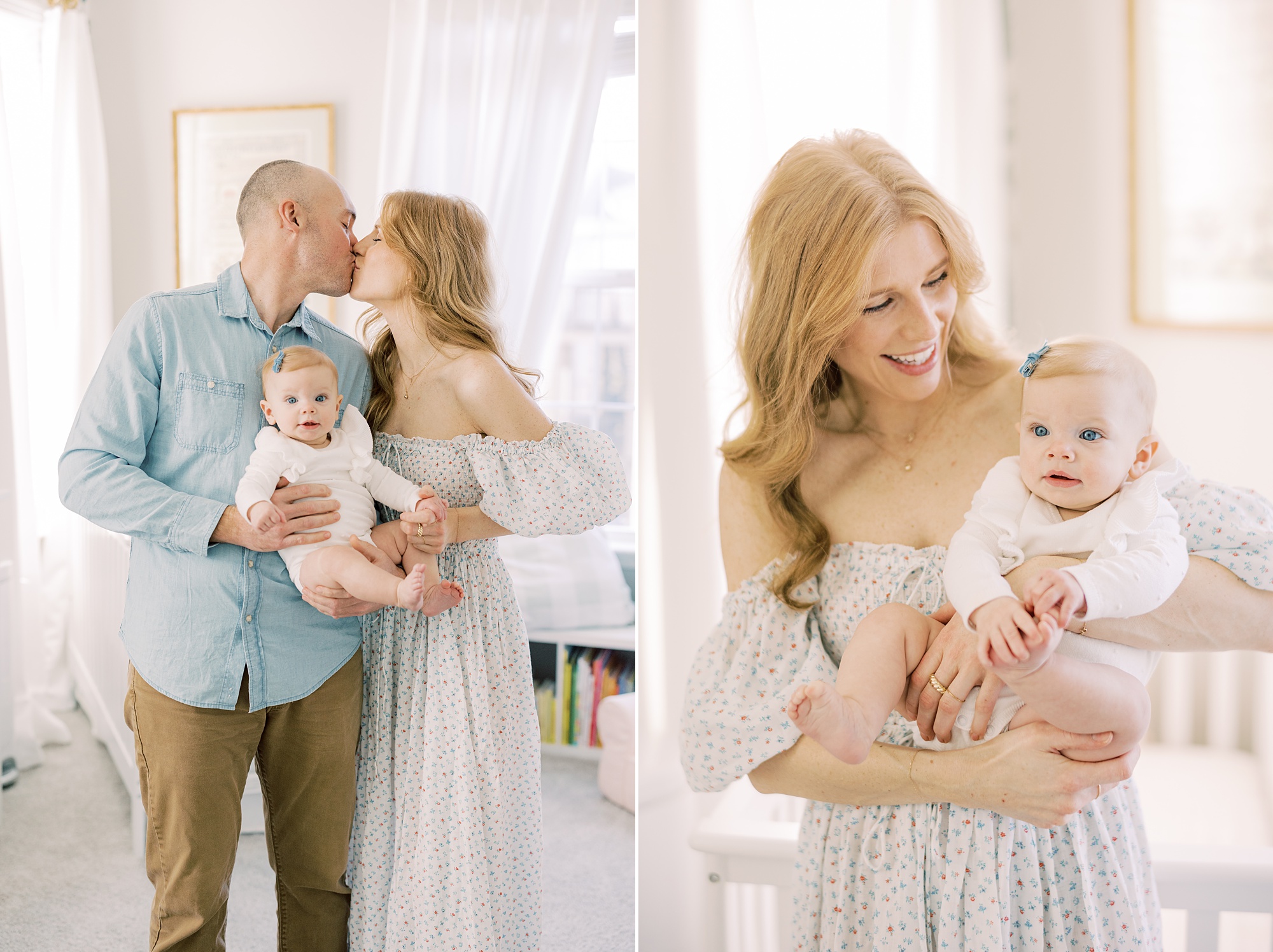 couple kisses during milestone photos while holding daughter 