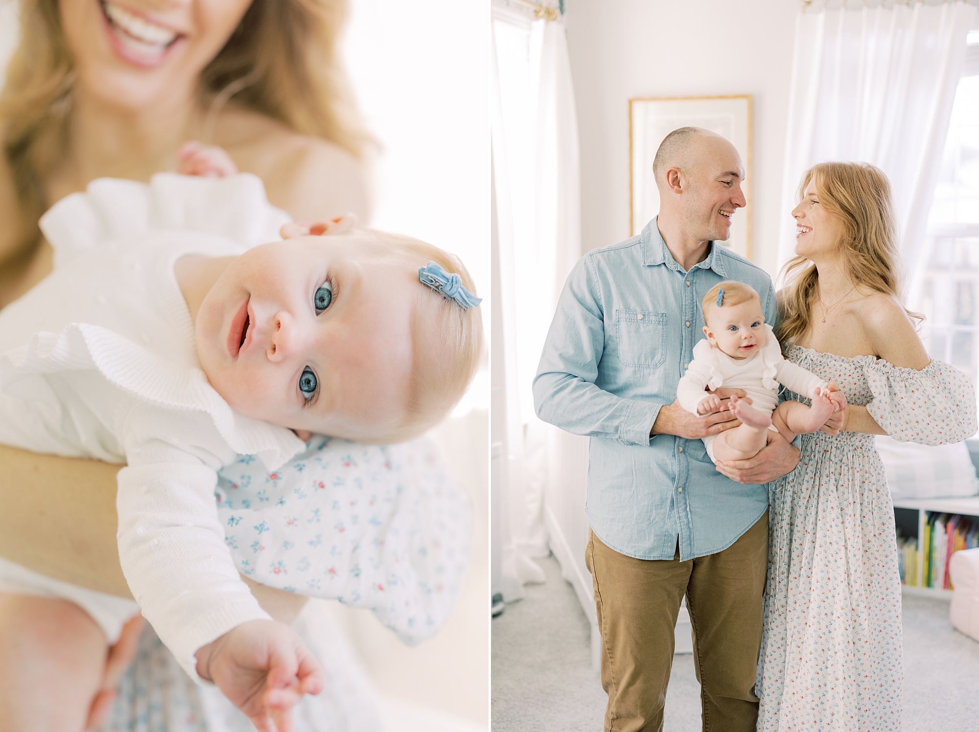 baby leans out of dad's arm during lifestyle milestone portraits in nursery 