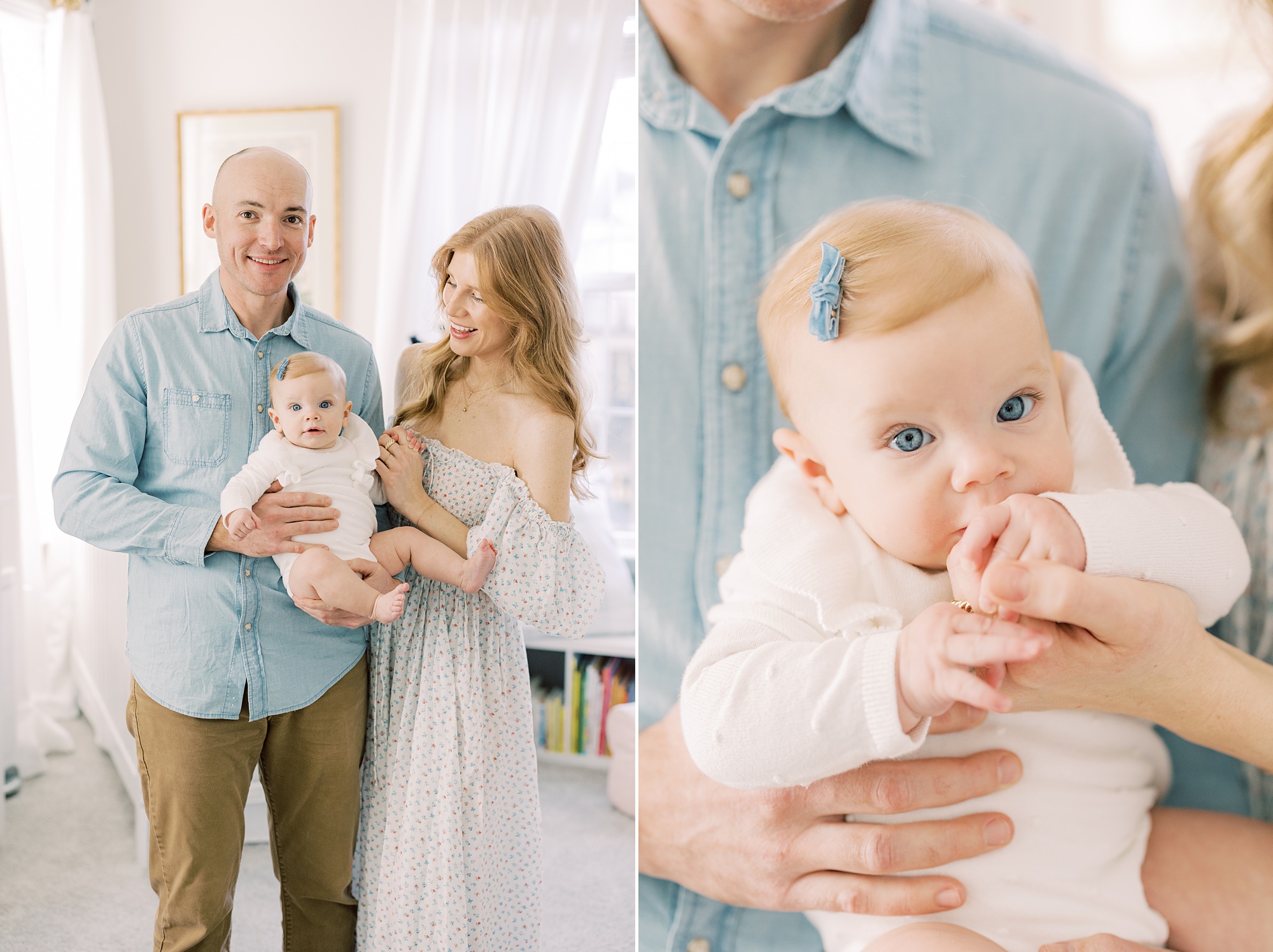 parents hold toddler girl with blue eyes on lap during lifestyle milestone portraits in Glen Mills PA