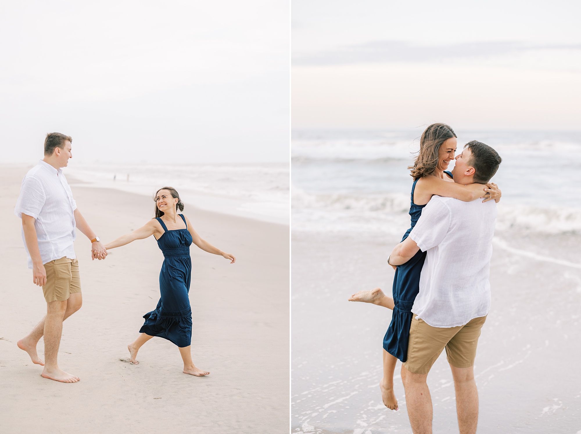 couple holds hands walking along waterfront at sunset during Ocean City NJ engagement photos