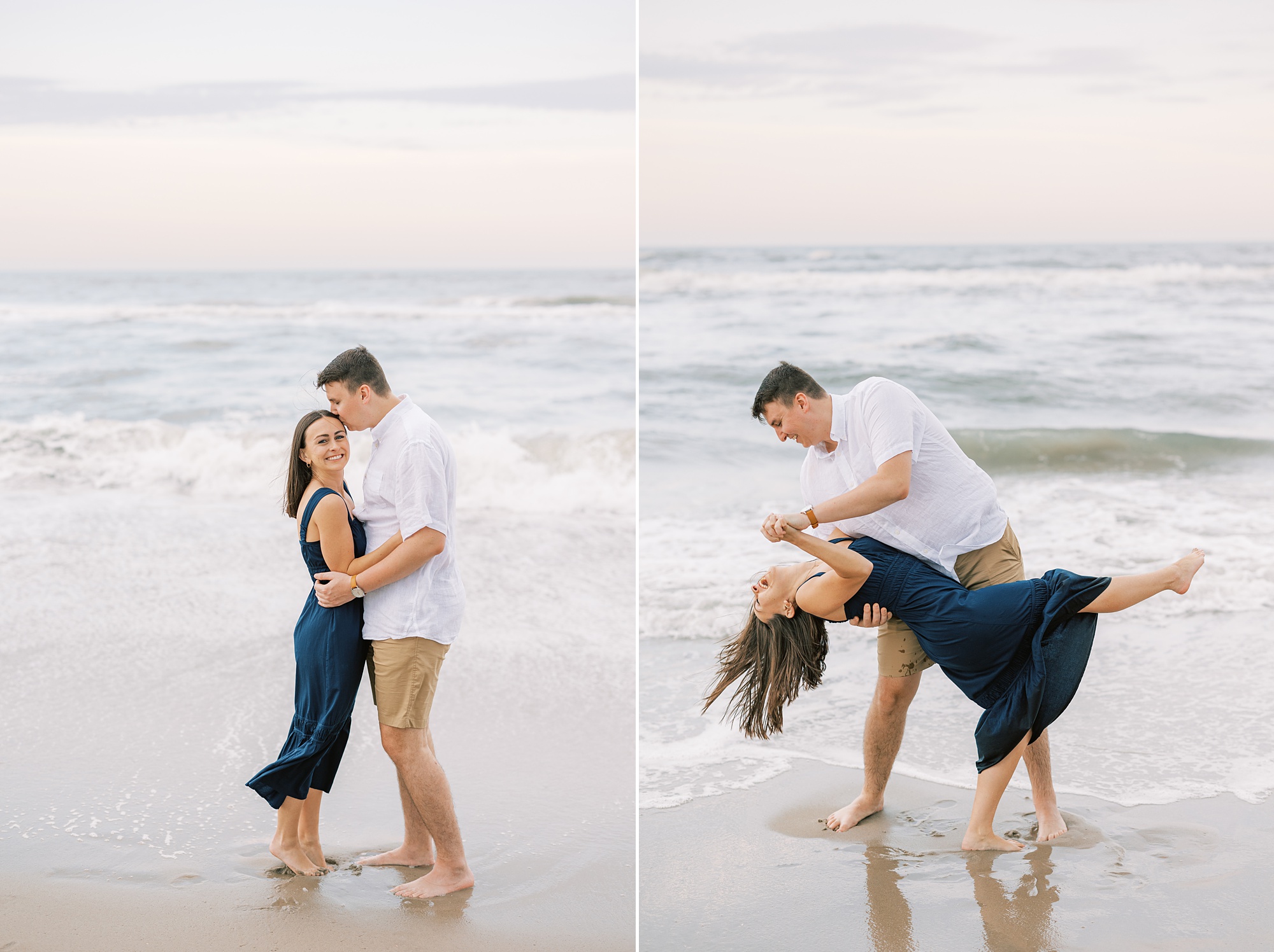 man dips bride on beach during Ocean City NJ engagement photos at sunset 