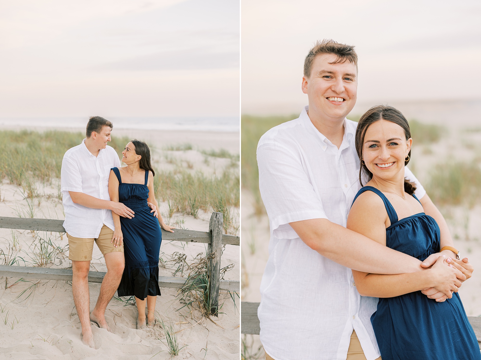 man in white shirt hugs fiancee in teal dress near wooden fence at sunset in Ocean City NJ