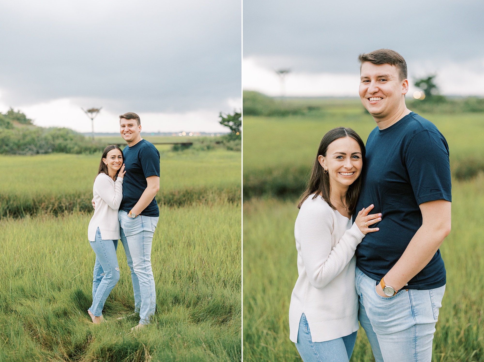 engaged couple stands in grass while storm rolls in during NJ engagement photos