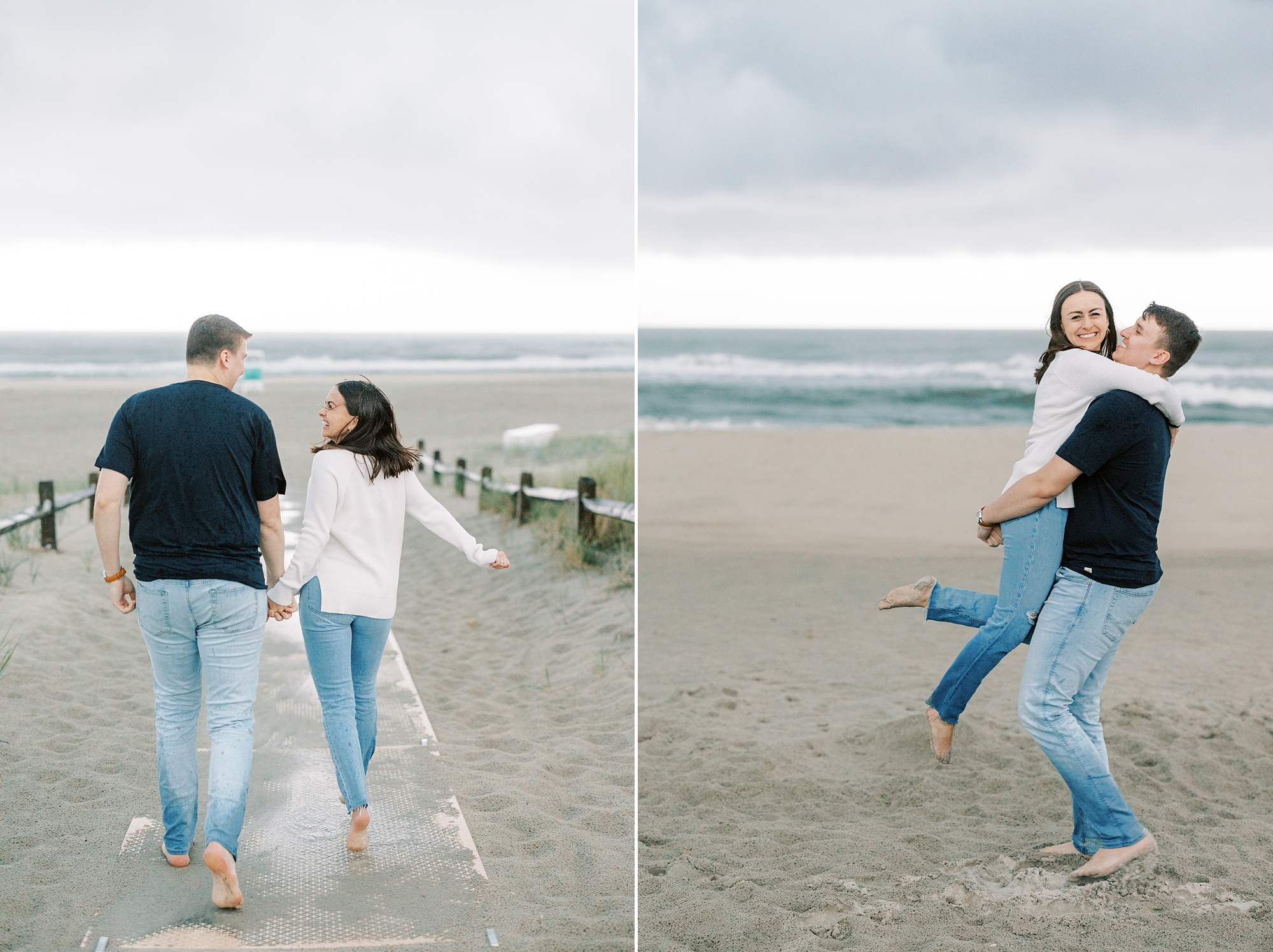 man lifts up woman twirling her around on sand during stormy Ocean City NJ engagement photos
