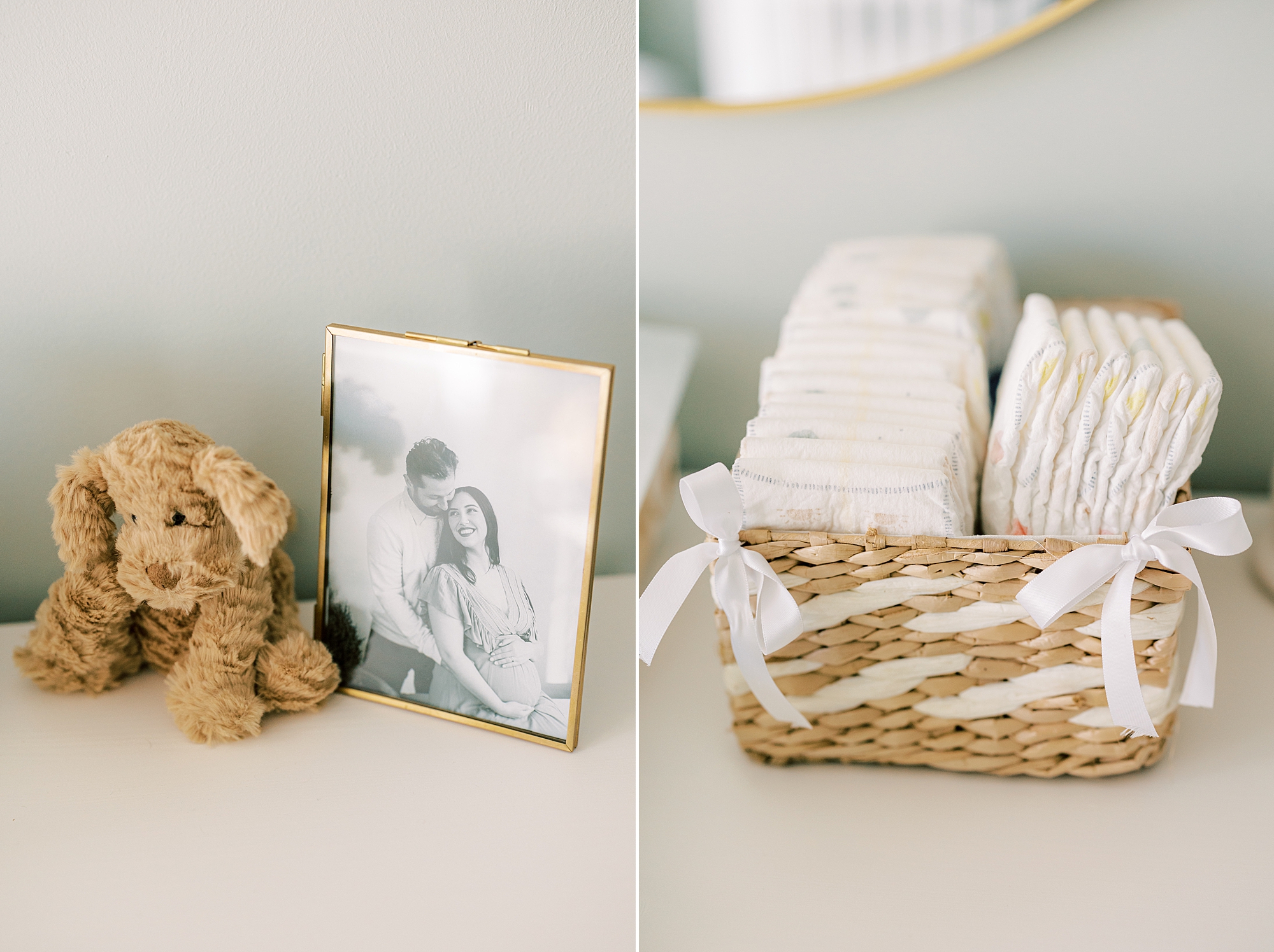 diaper basket next to portrait from maternity photo session 
