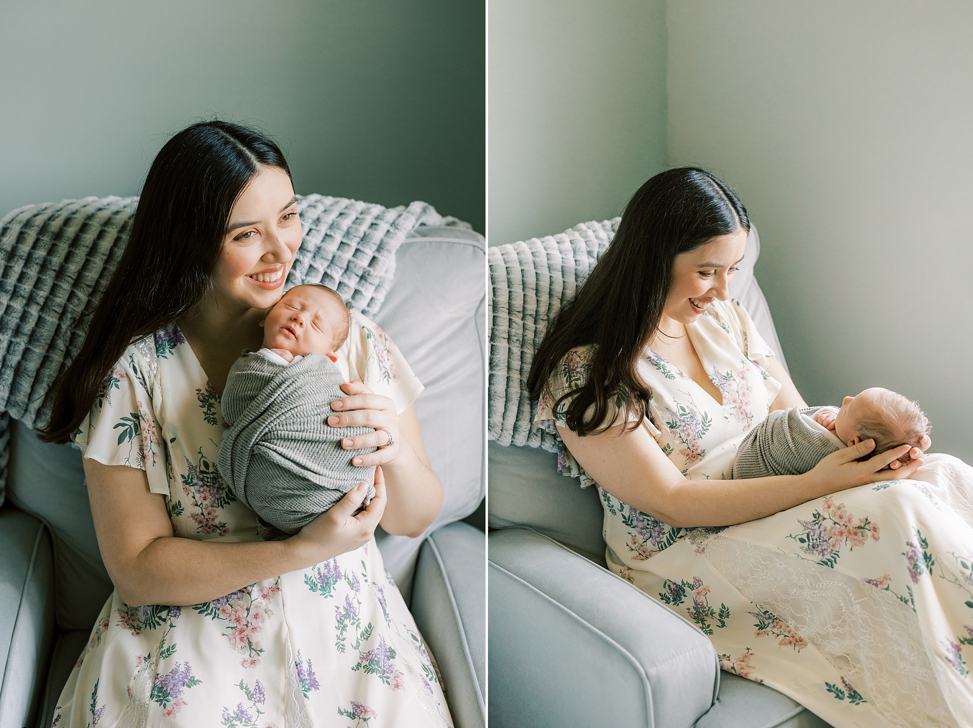 mom holds son in rocker during Philadelphia newborn portraits