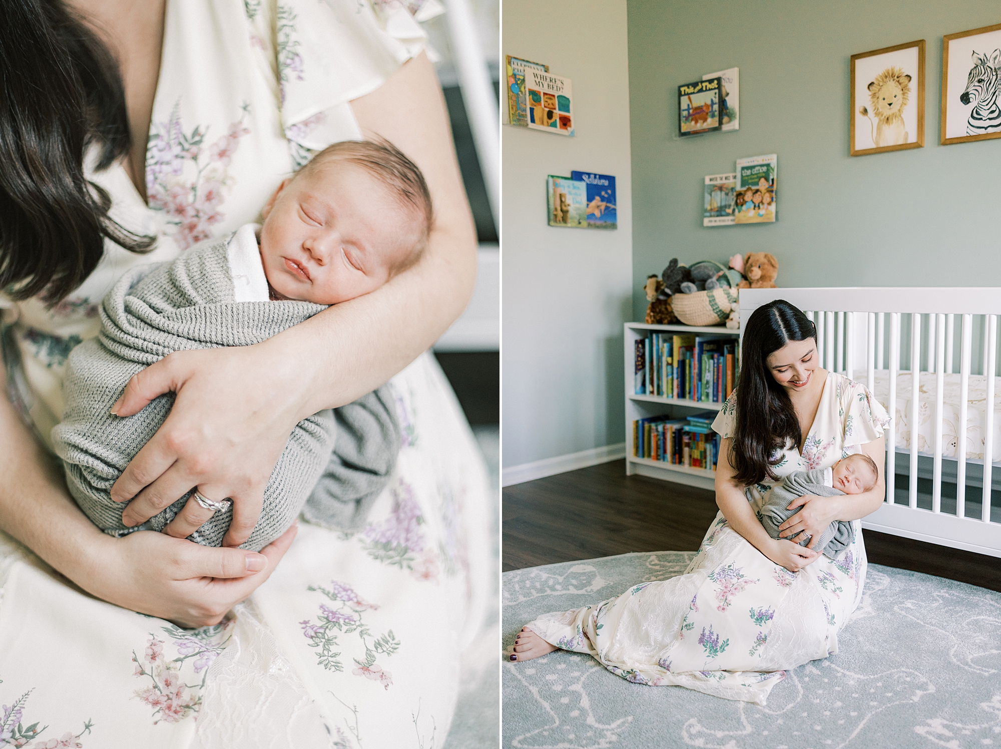mother holds son in her lap sitting by crib during Philadelphia newborn portraits