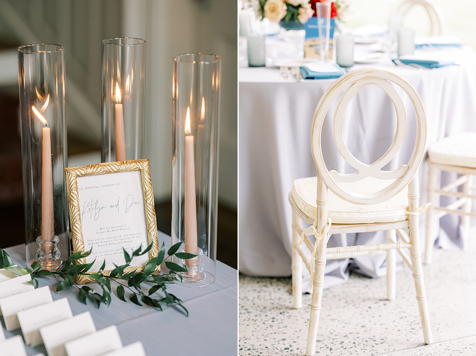 white chairs with table with blue table cloth and taper candles 