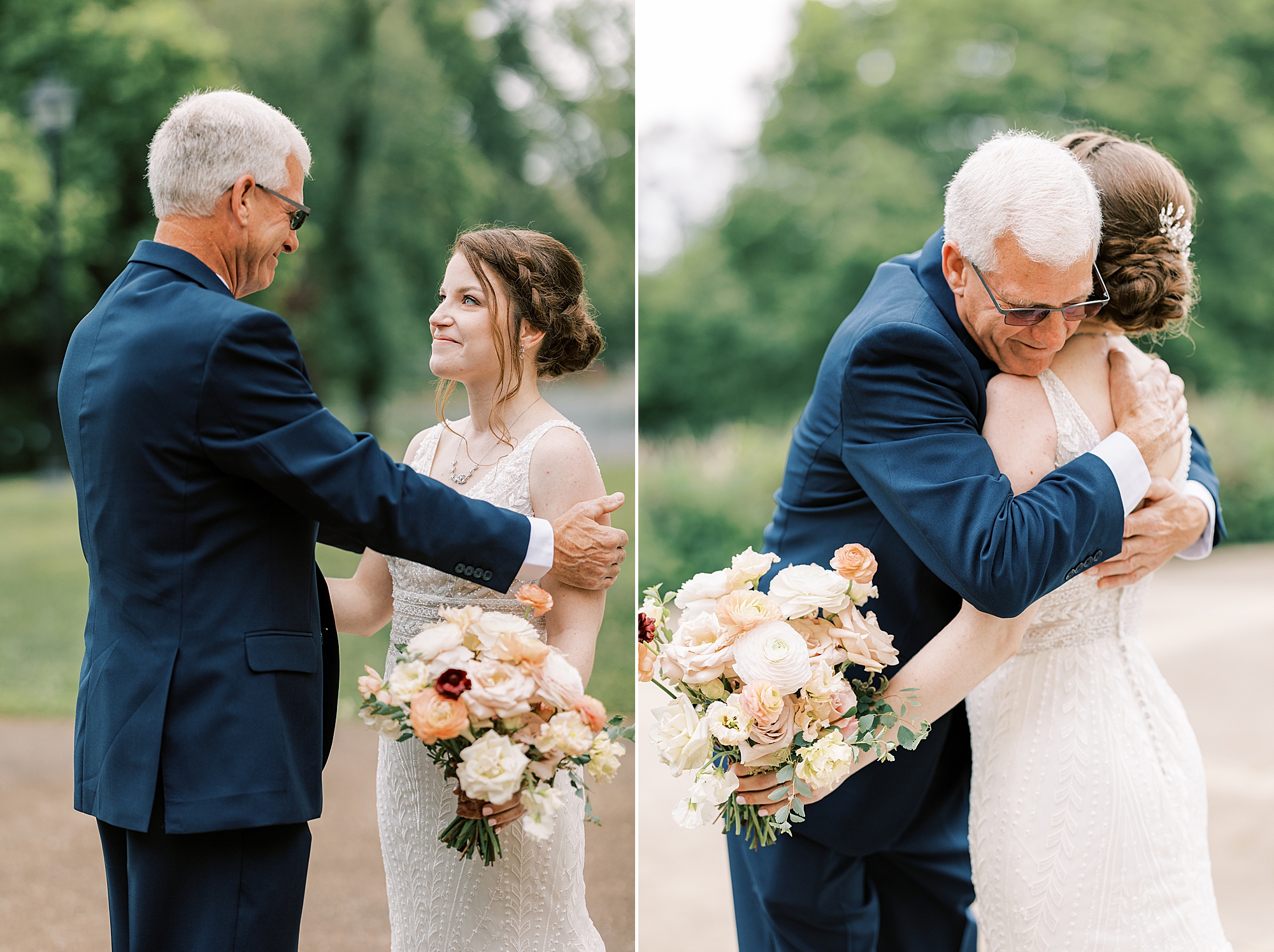 bride and father have emotional first look outside Bellevue Hall