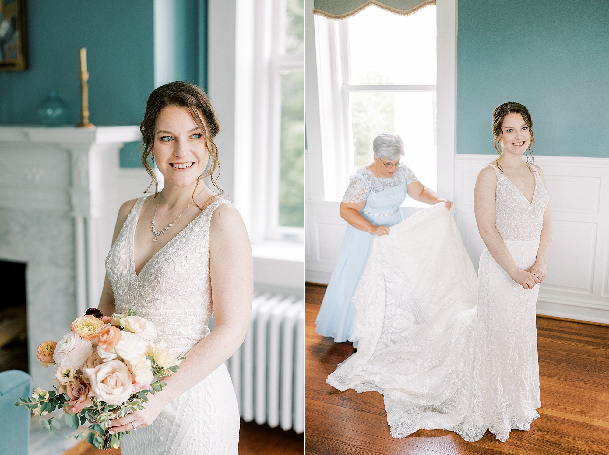 bride smiles looking over her shoulder as mom adjusts skirt of wedding gown