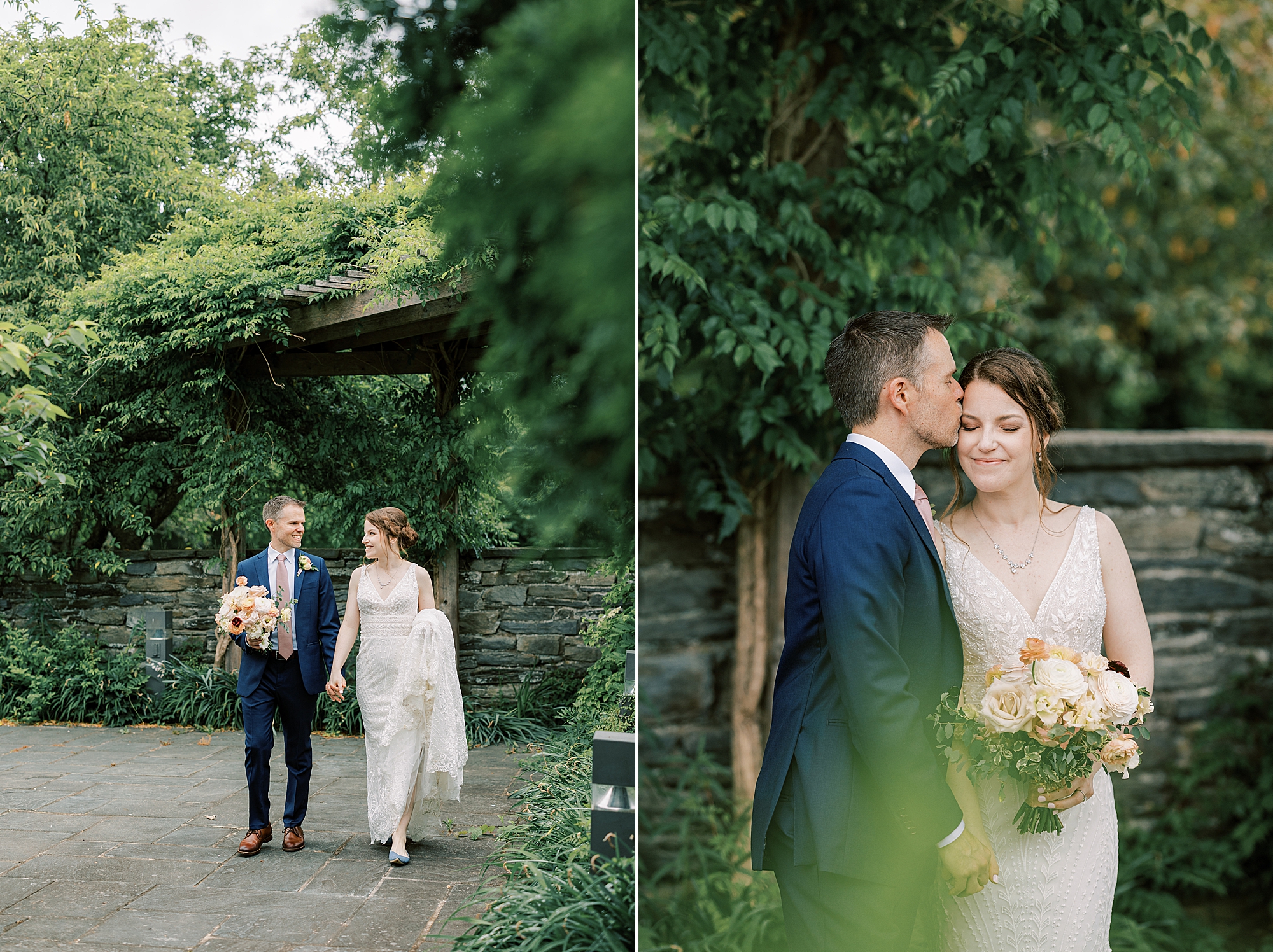 newlyweds walk through gardens with stone walls at Bellevue Hall