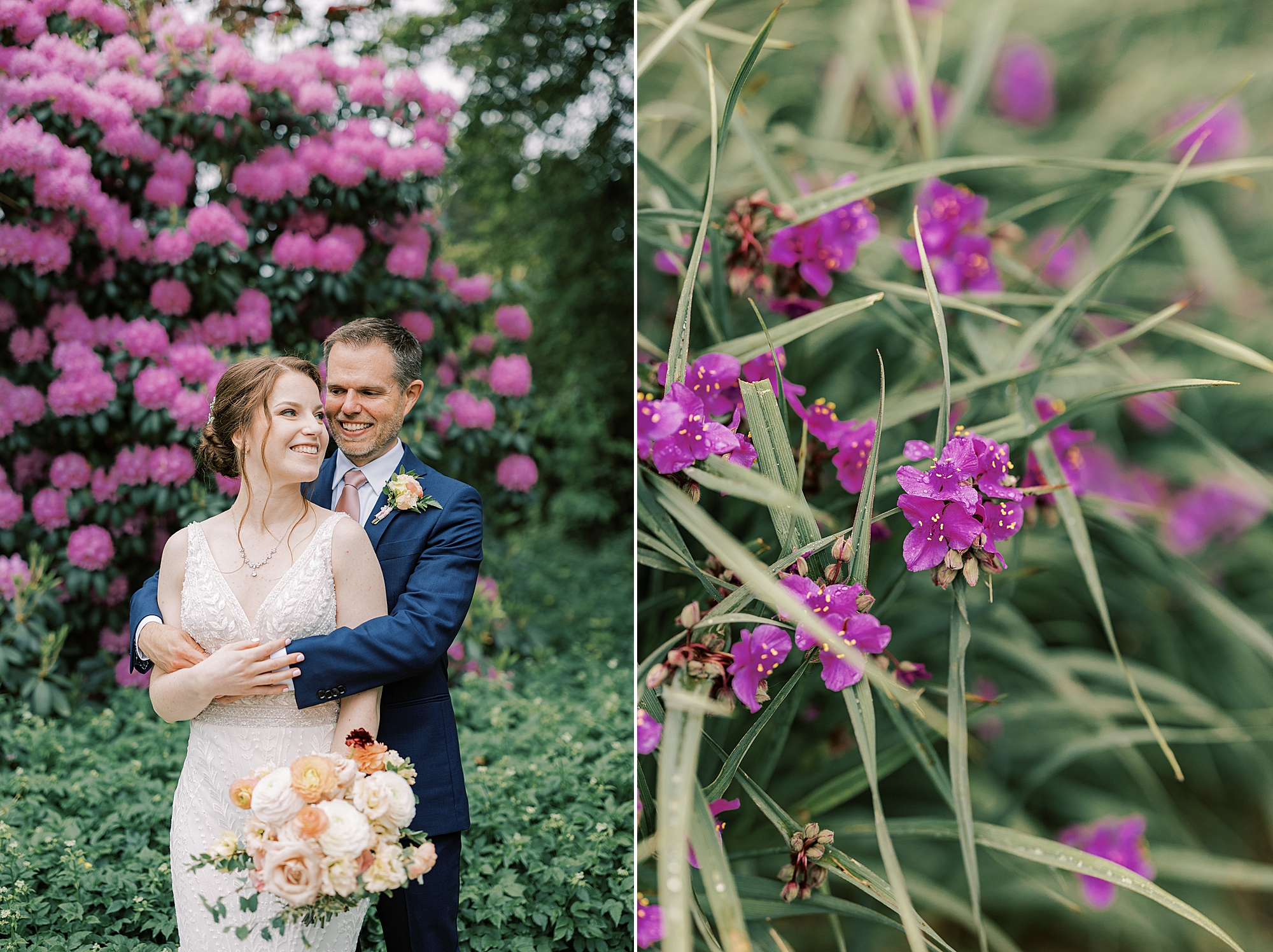 groom hugs bride around middle while she holds bouquet below her hip in gardens by purple flowers 