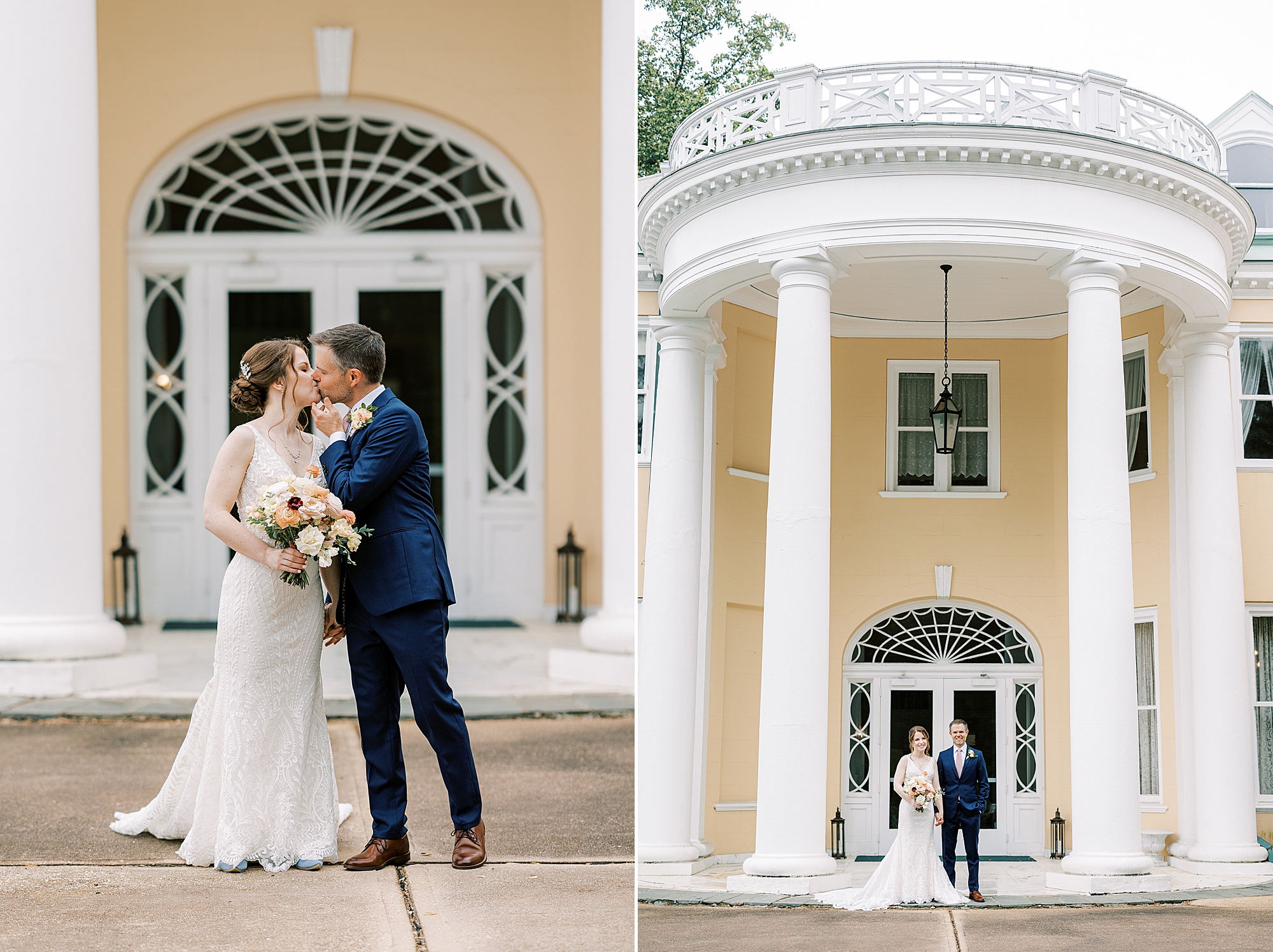 bride and groom kiss under awning at Bellevue Hall