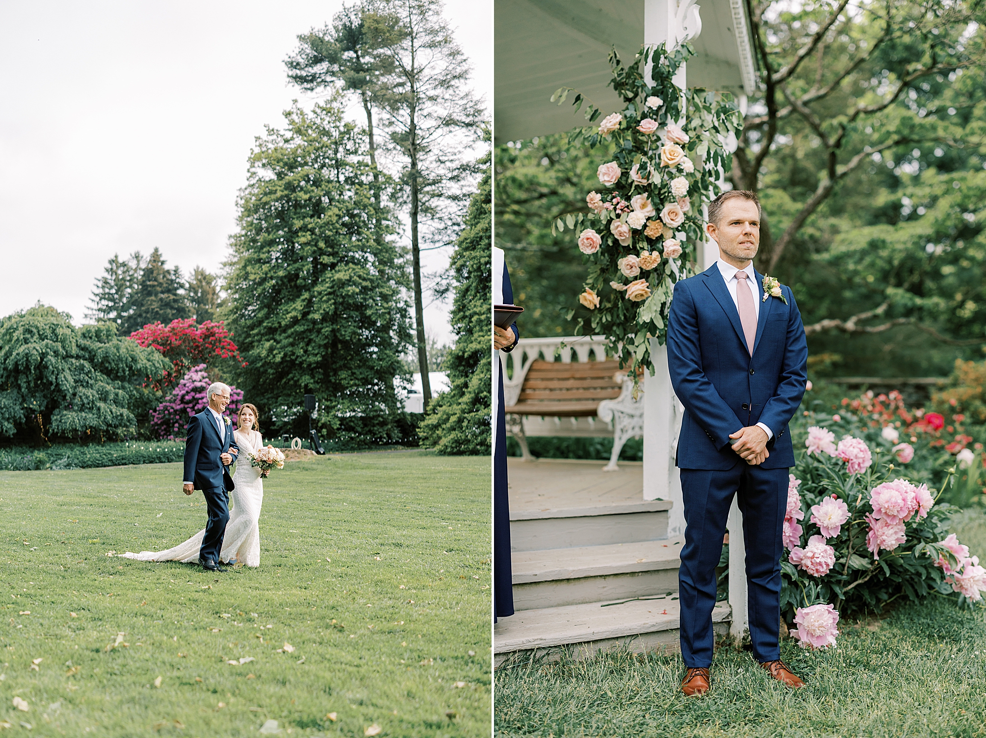 bride and father walk across lawn at Bellevue Hall to meet groom for ceremony in garden