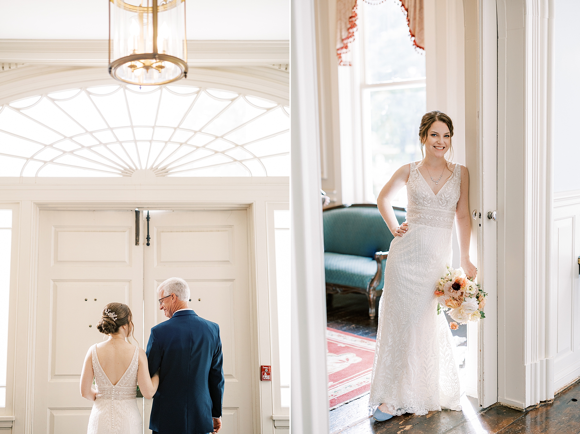 bride leans against doorway inside Bellevue Hall before ceremony 