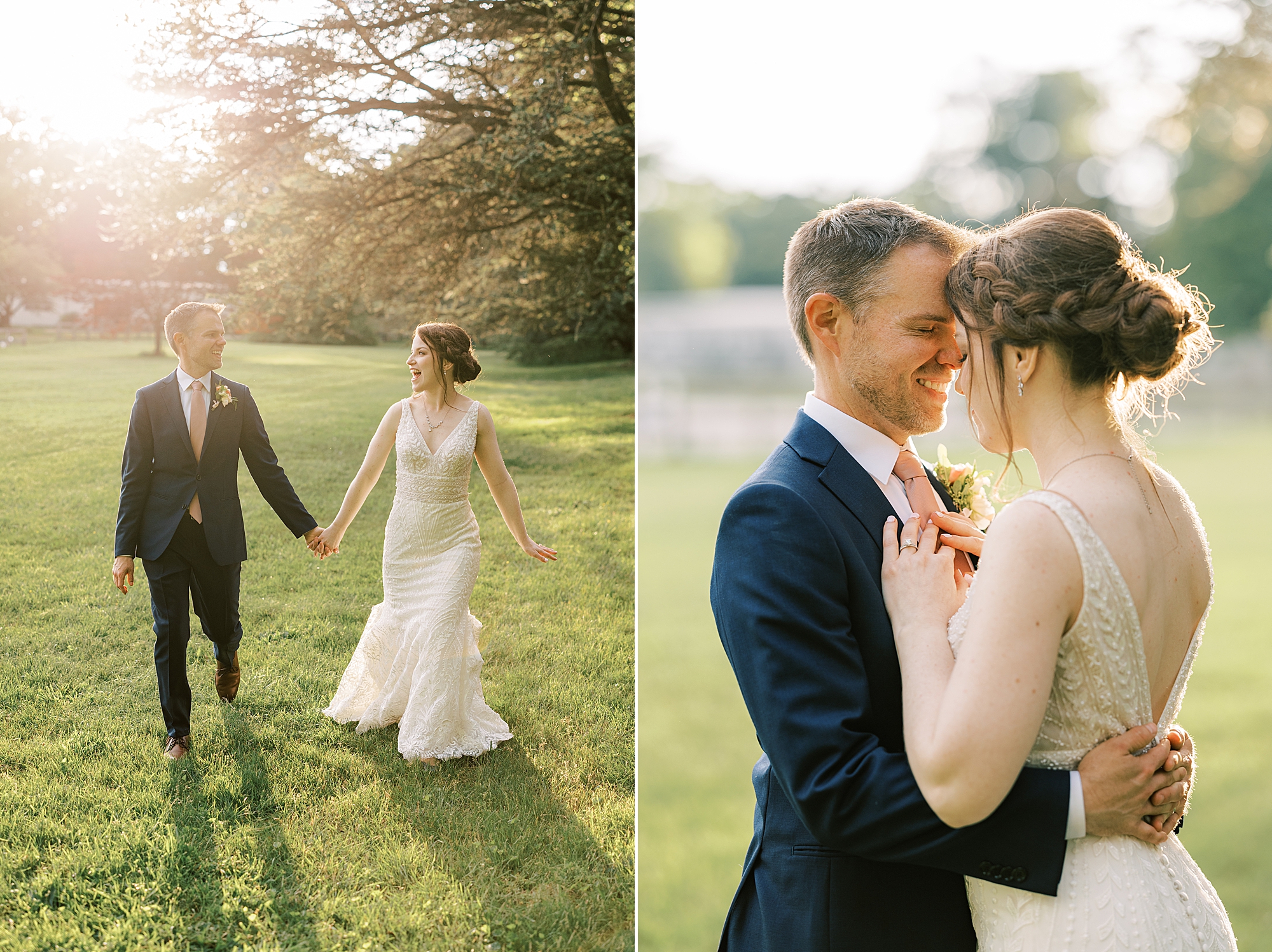 groom hugs bride to him at sunset during portraits on lawn at Bellevue Hall