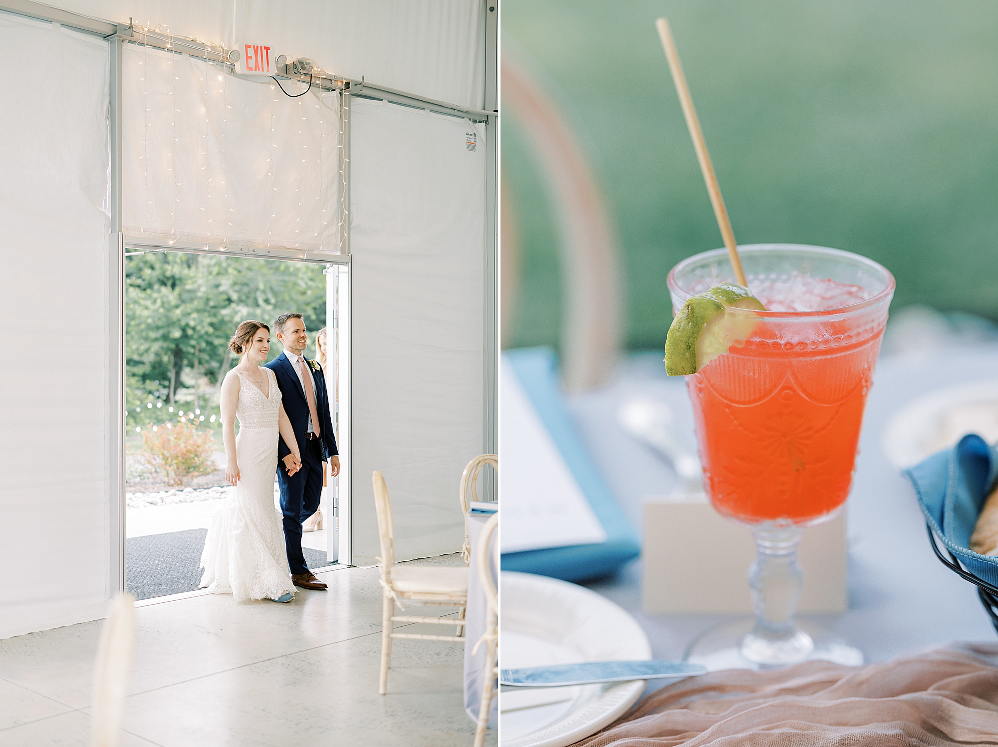 newlyweds walk into reception space for reveal with custom signature drink