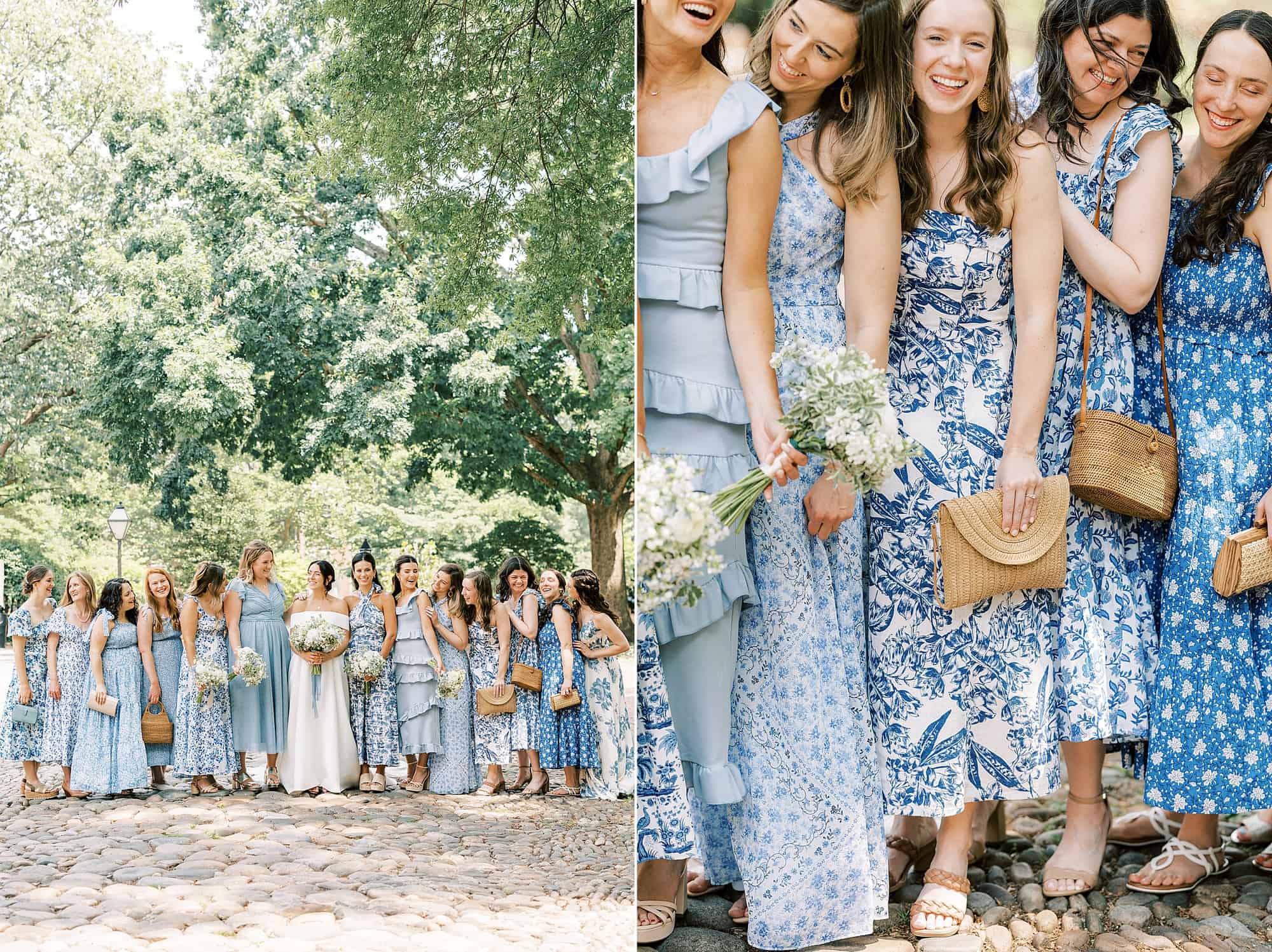 bride stands with bridesmaids in mismatched blue and white gowns 