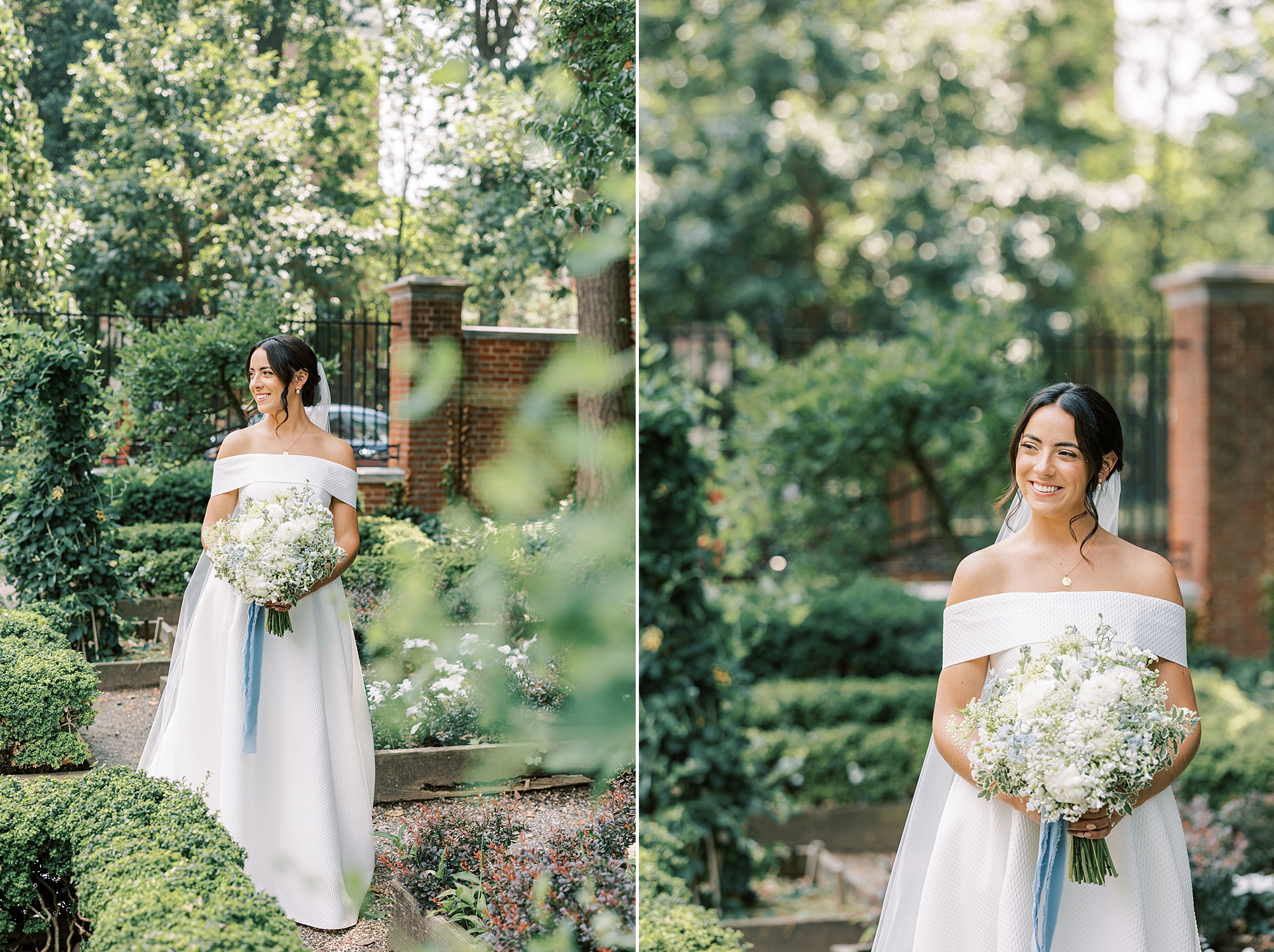 bride walks through gardens carrying white bouquet with blue ribbon 